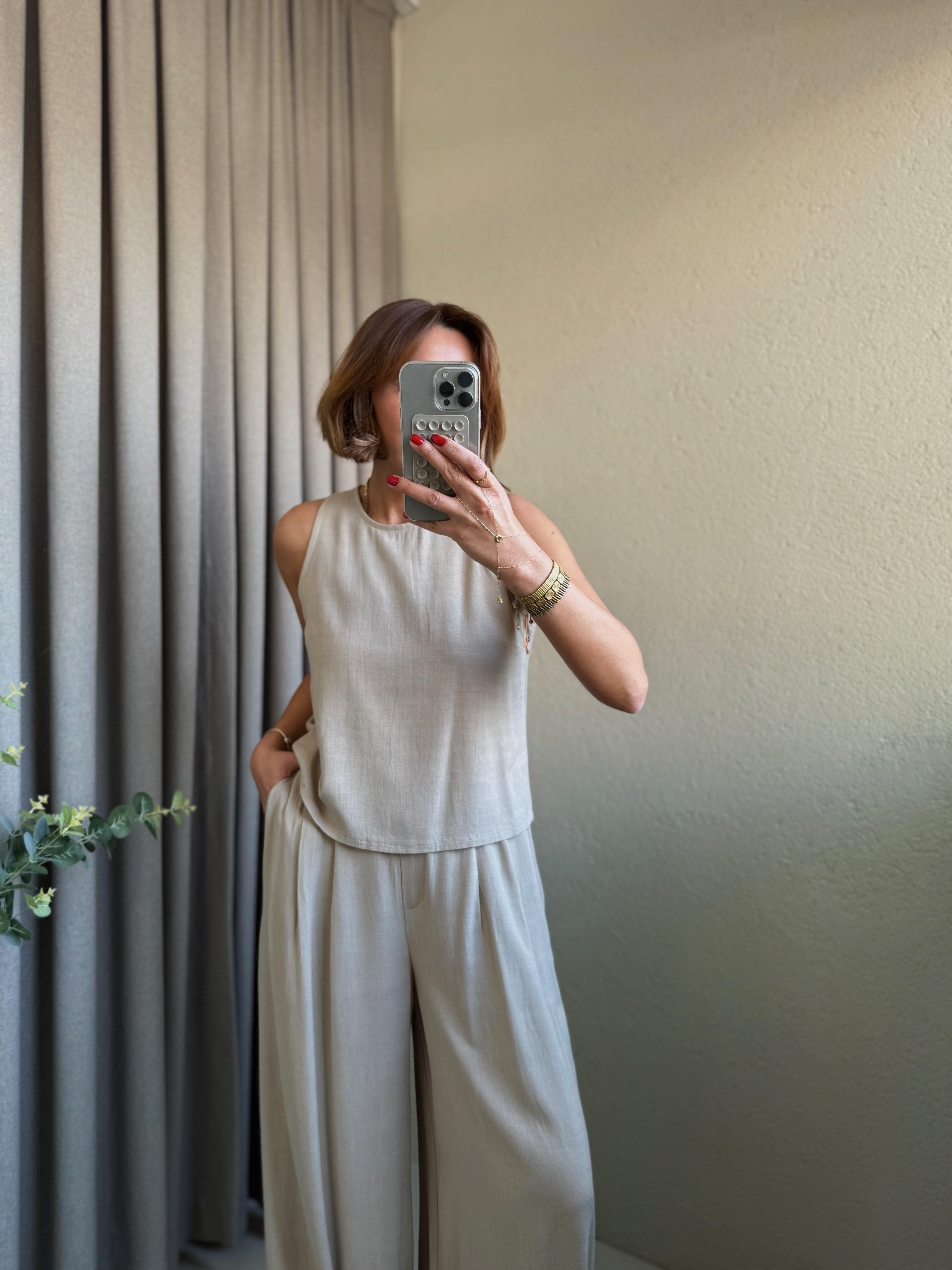 Low 7143 Keten Vizon Bluz-Pantolon Takım