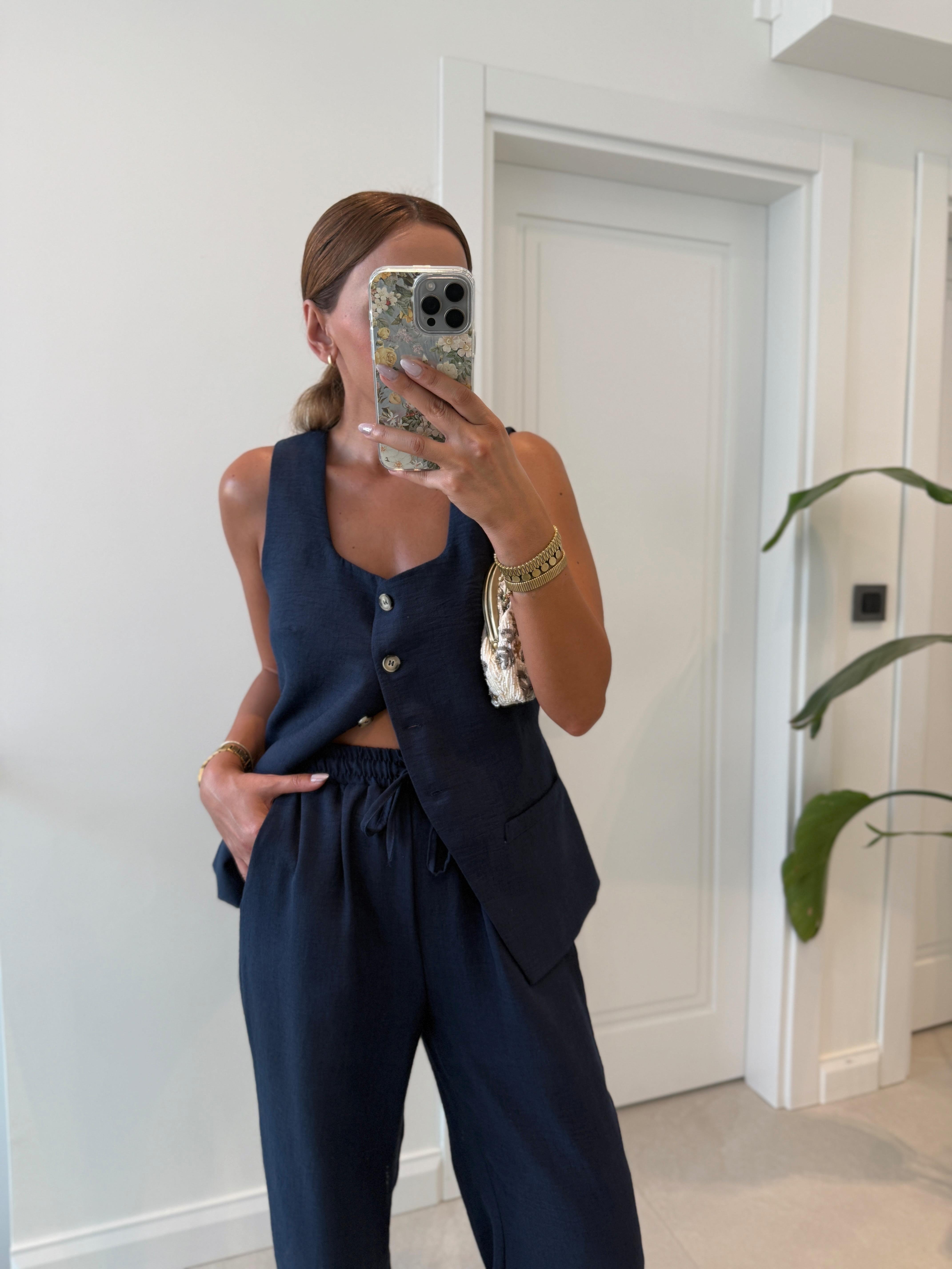 Low 7155 Kuşaklı Lacivert Yelek Pantolon Takım