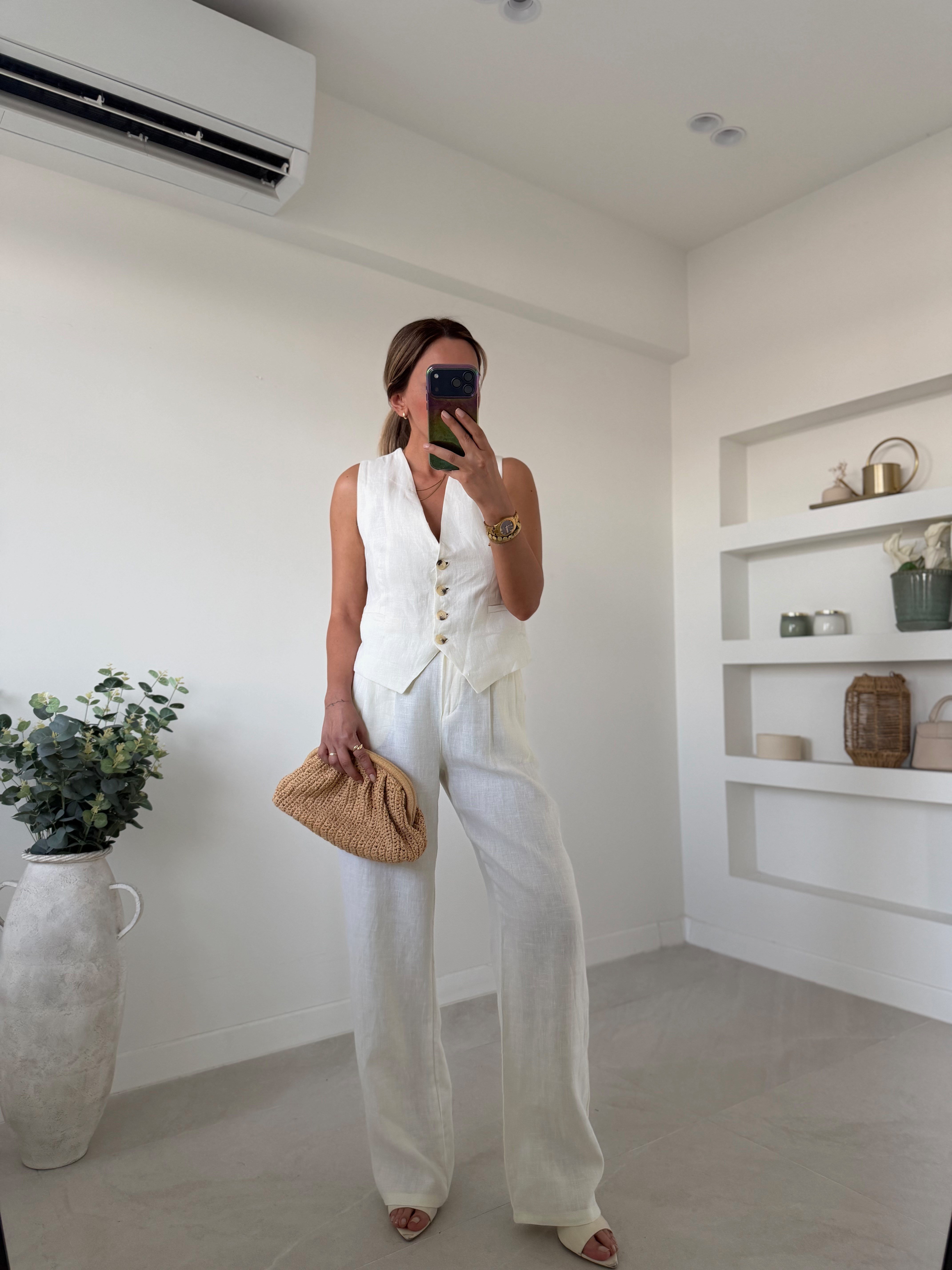 Low 7156 Ekru %100 Keten Yelek Takım