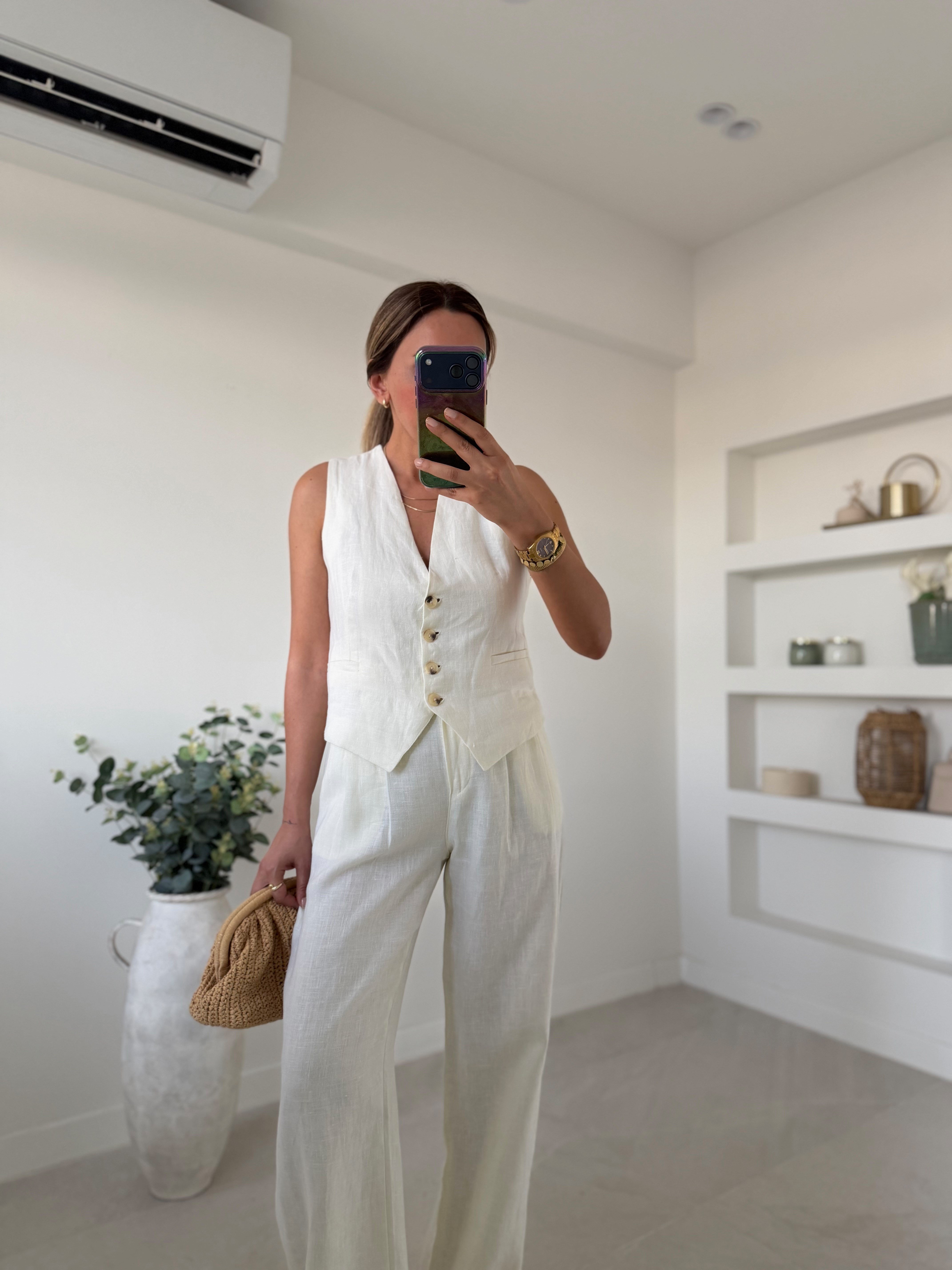 Low 7156 Ekru %100 Keten Yelek Takım