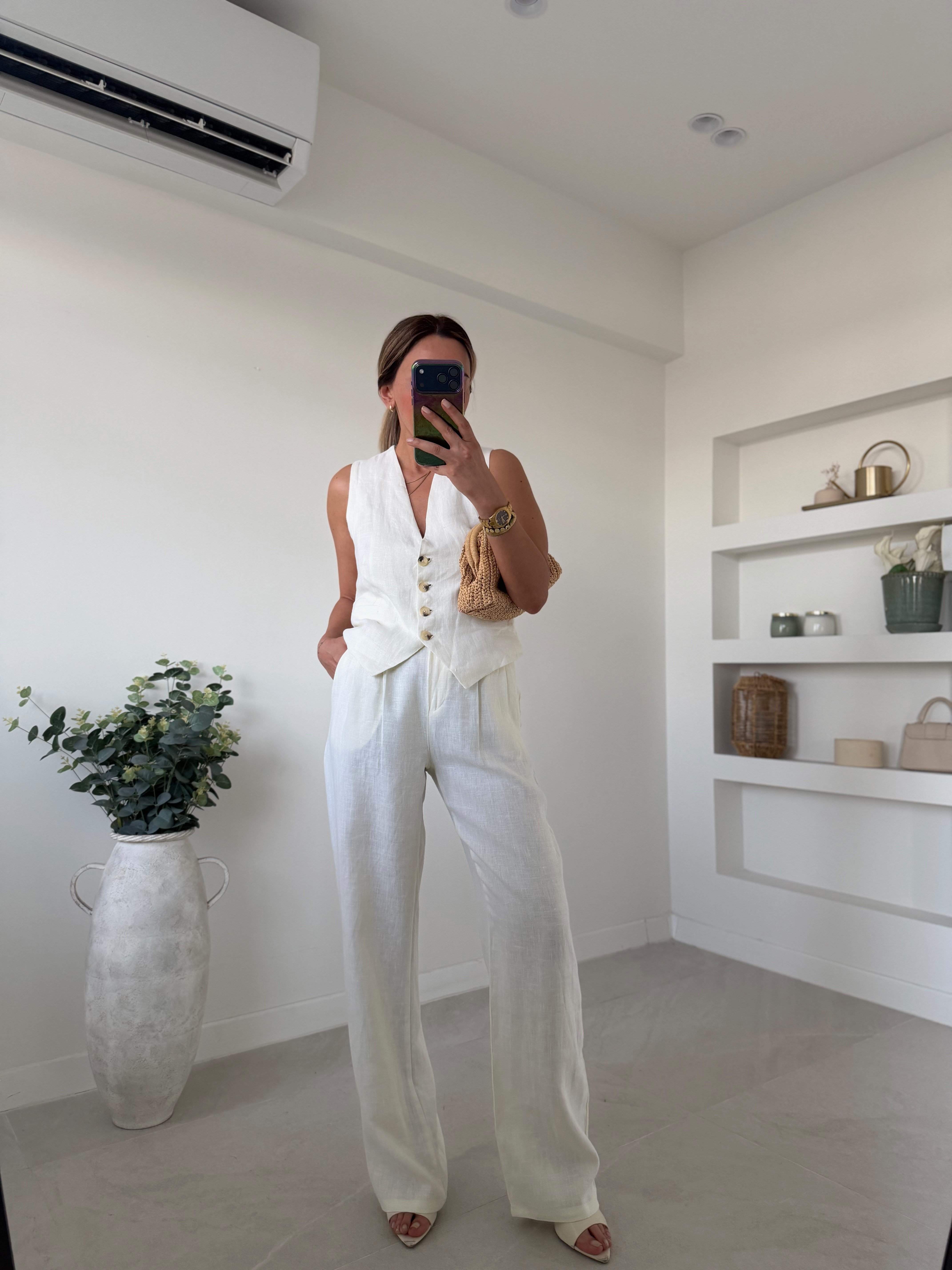 Low 7156 Ekru %100 Keten Yelek Takım