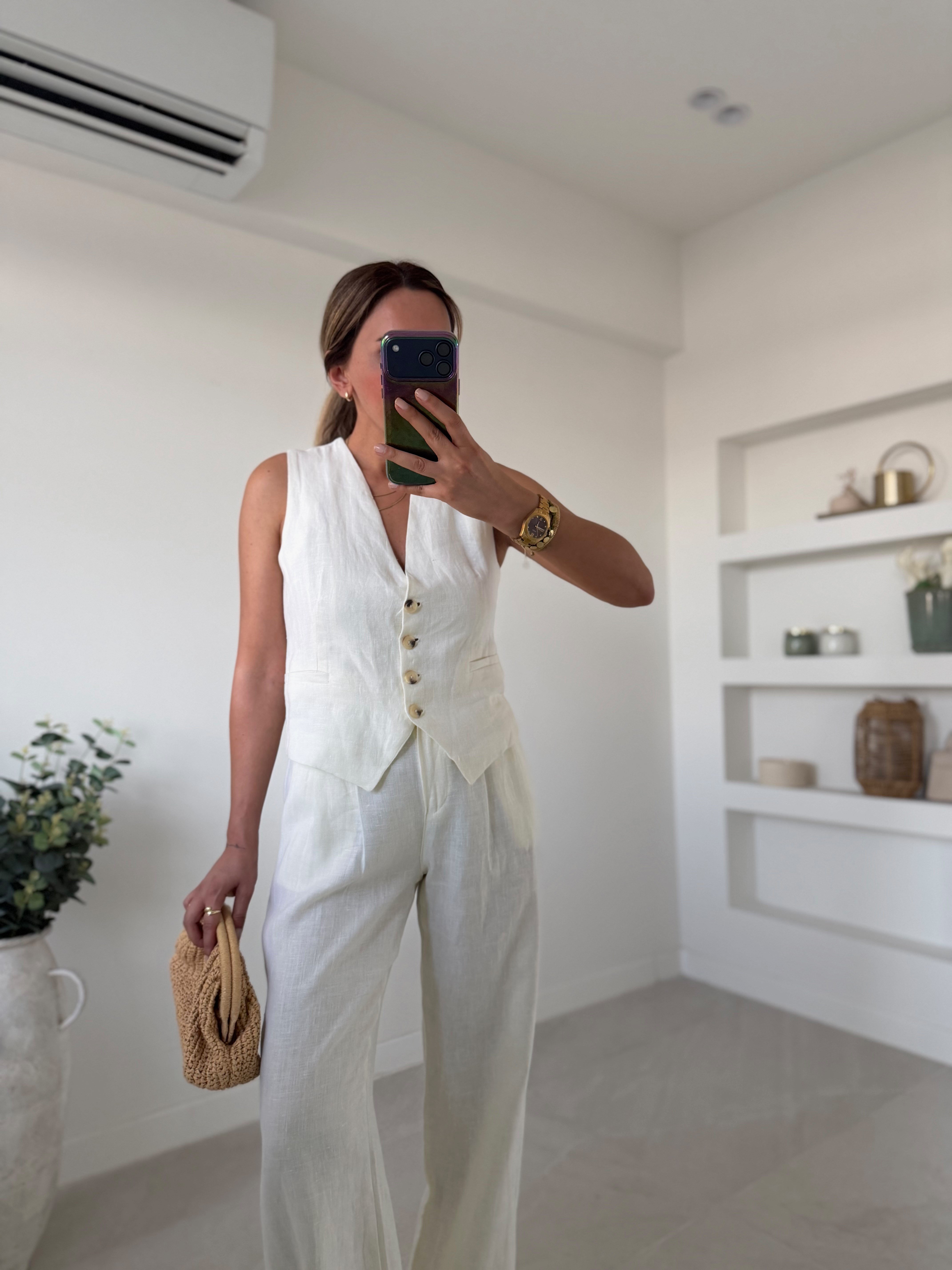 Low 7156 Ekru %100 Keten Yelek Takım
