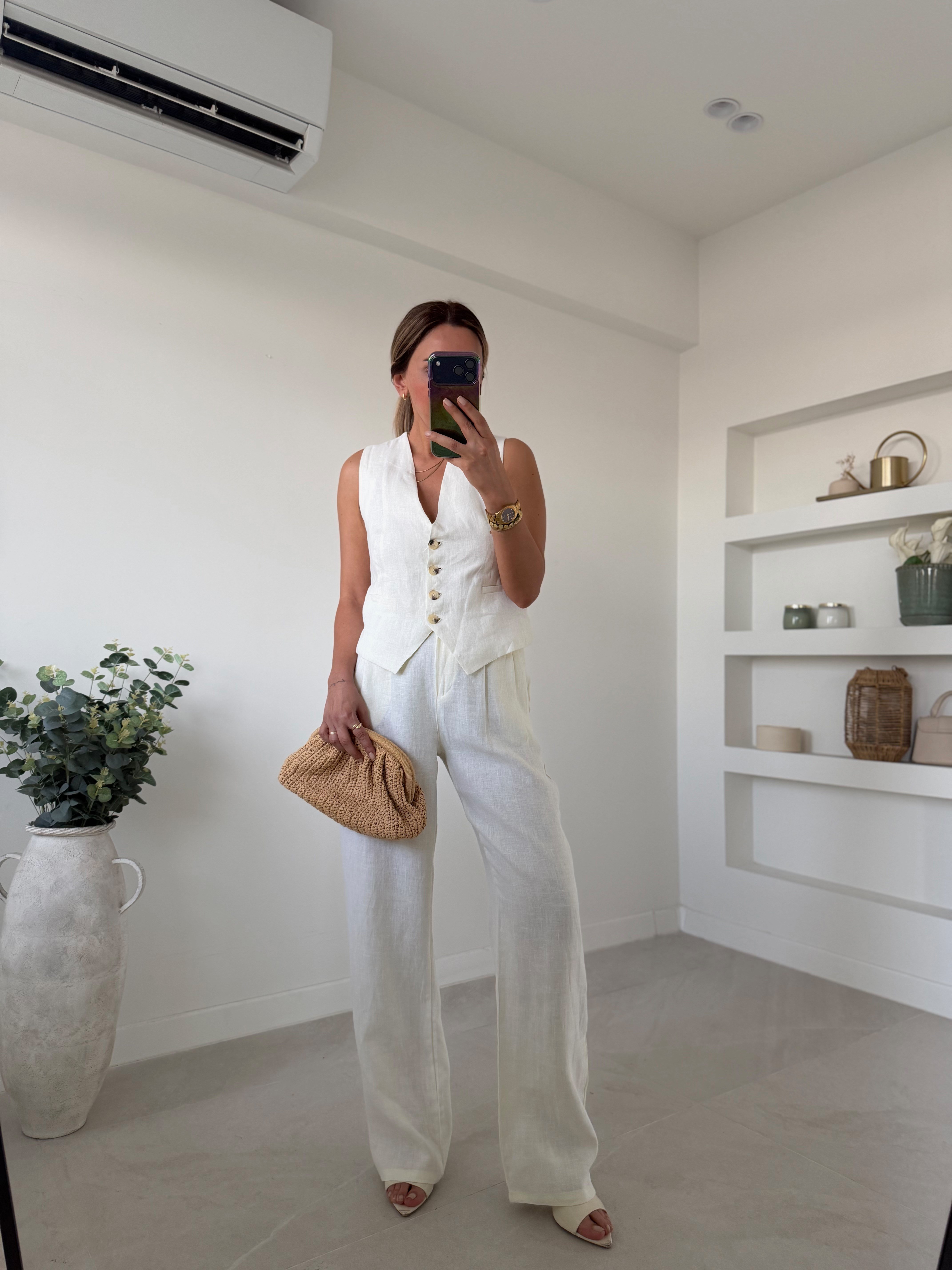 Low 7156 Ekru %100 Keten Yelek Takım