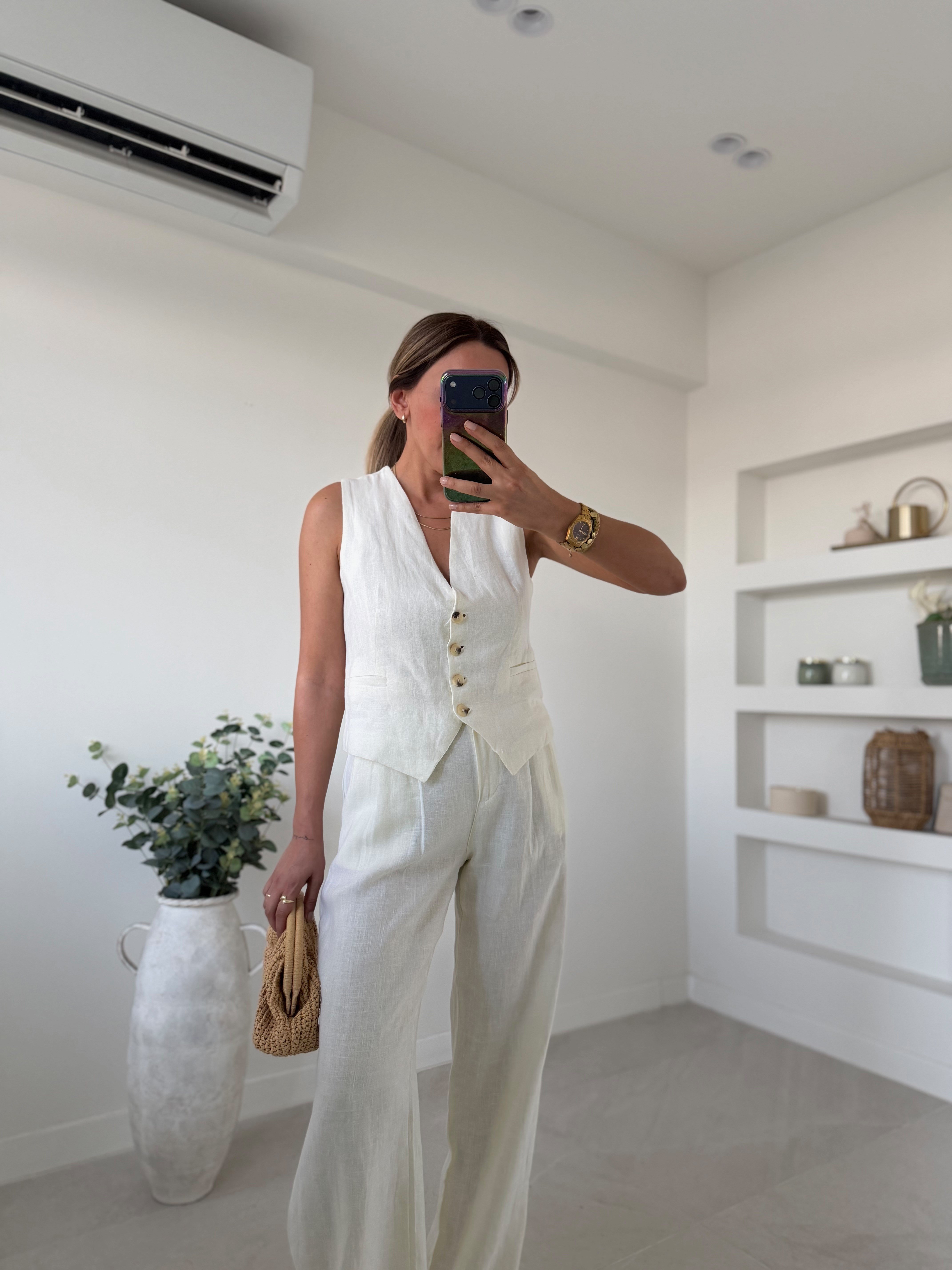 Low 7156 Ekru %100 Keten Yelek Takım