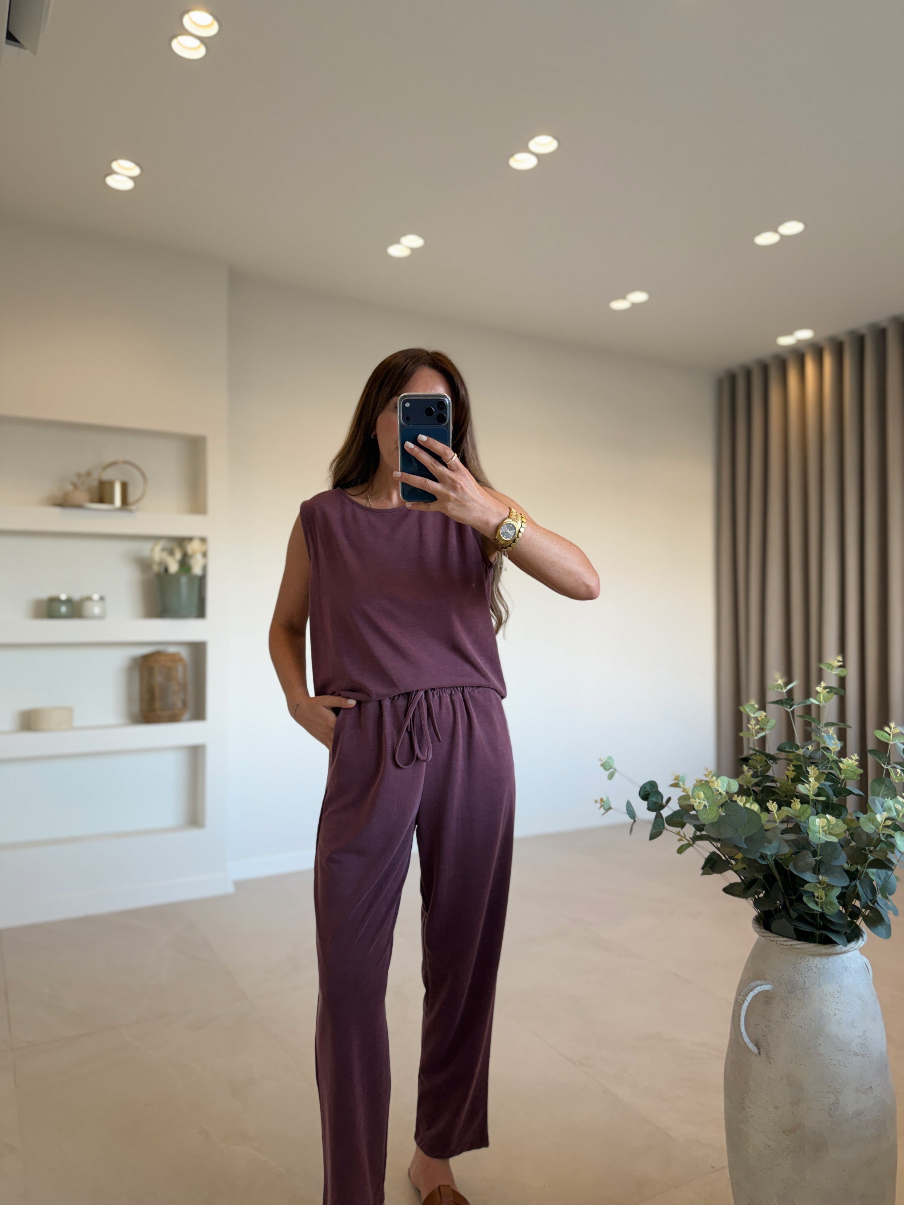 Low 7272 Modal Sıfır Kol Bordo Bluz Pantolon Takım