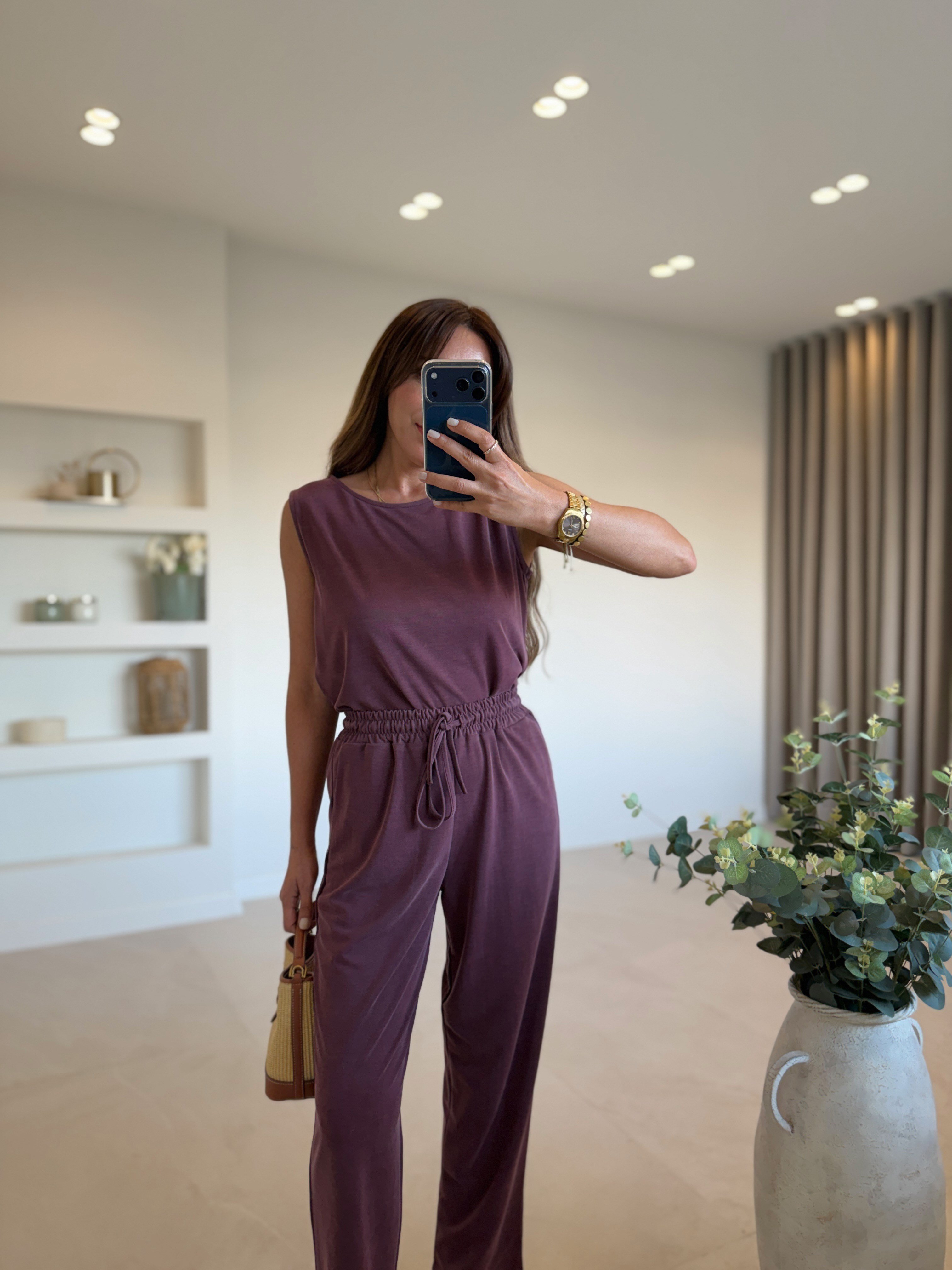 Low 7272 Modal Sıfır Kol Bordo Bluz Pantolon Takım