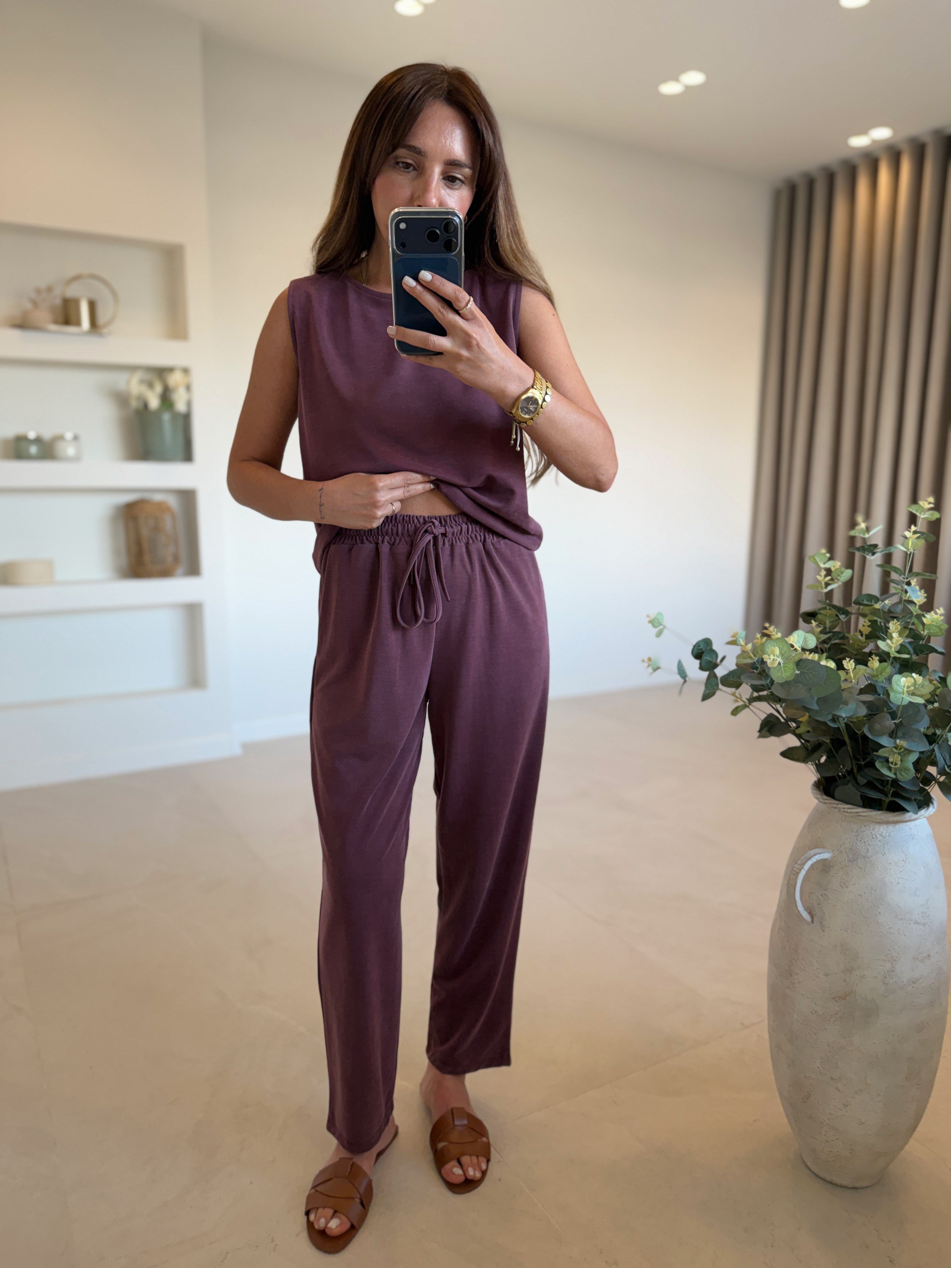 Low 7272 Modal Sıfır Kol Bordo Bluz Pantolon Takım