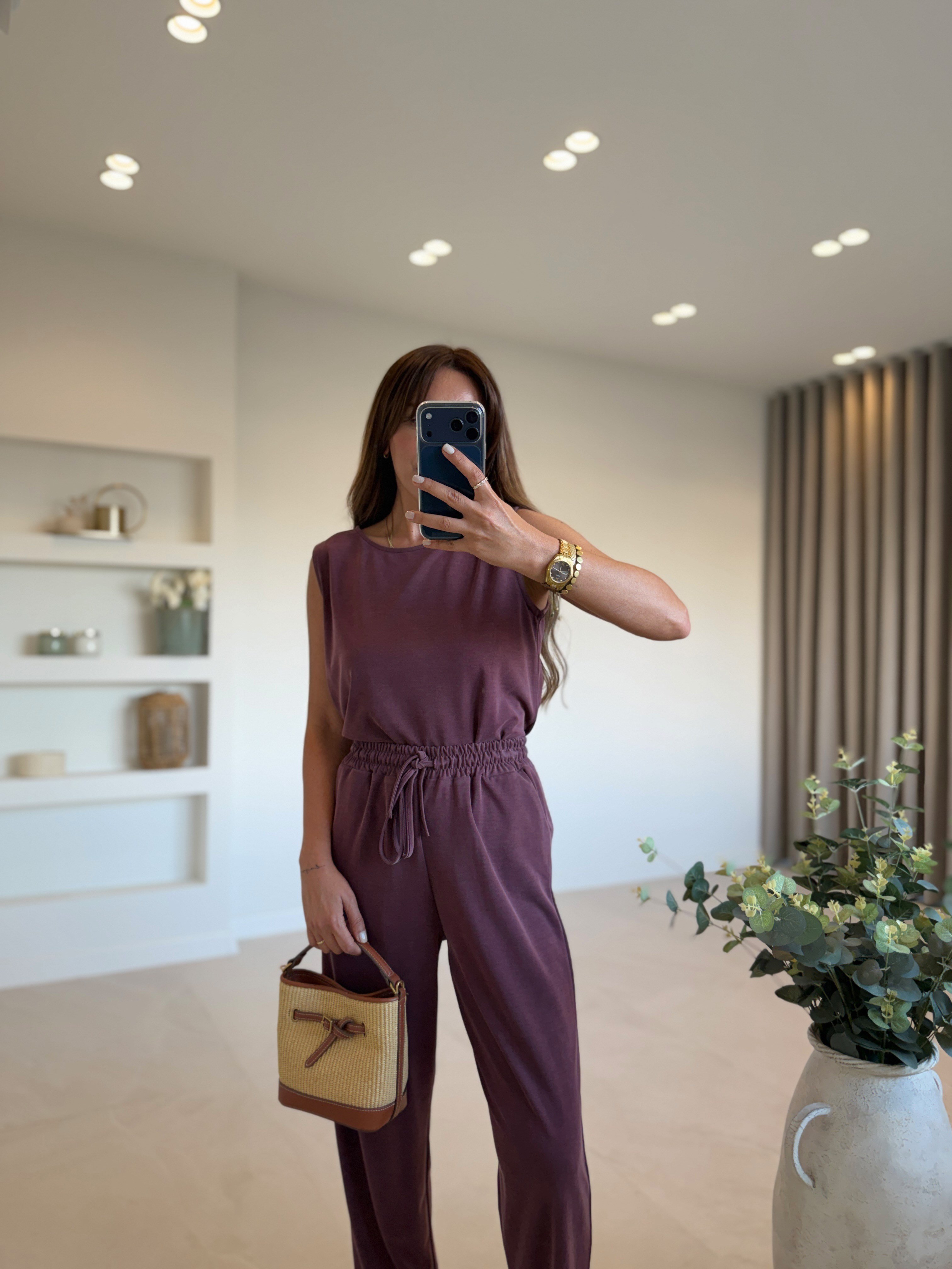 Low 7272 Modal Sıfır Kol Bordo Bluz Pantolon Takım