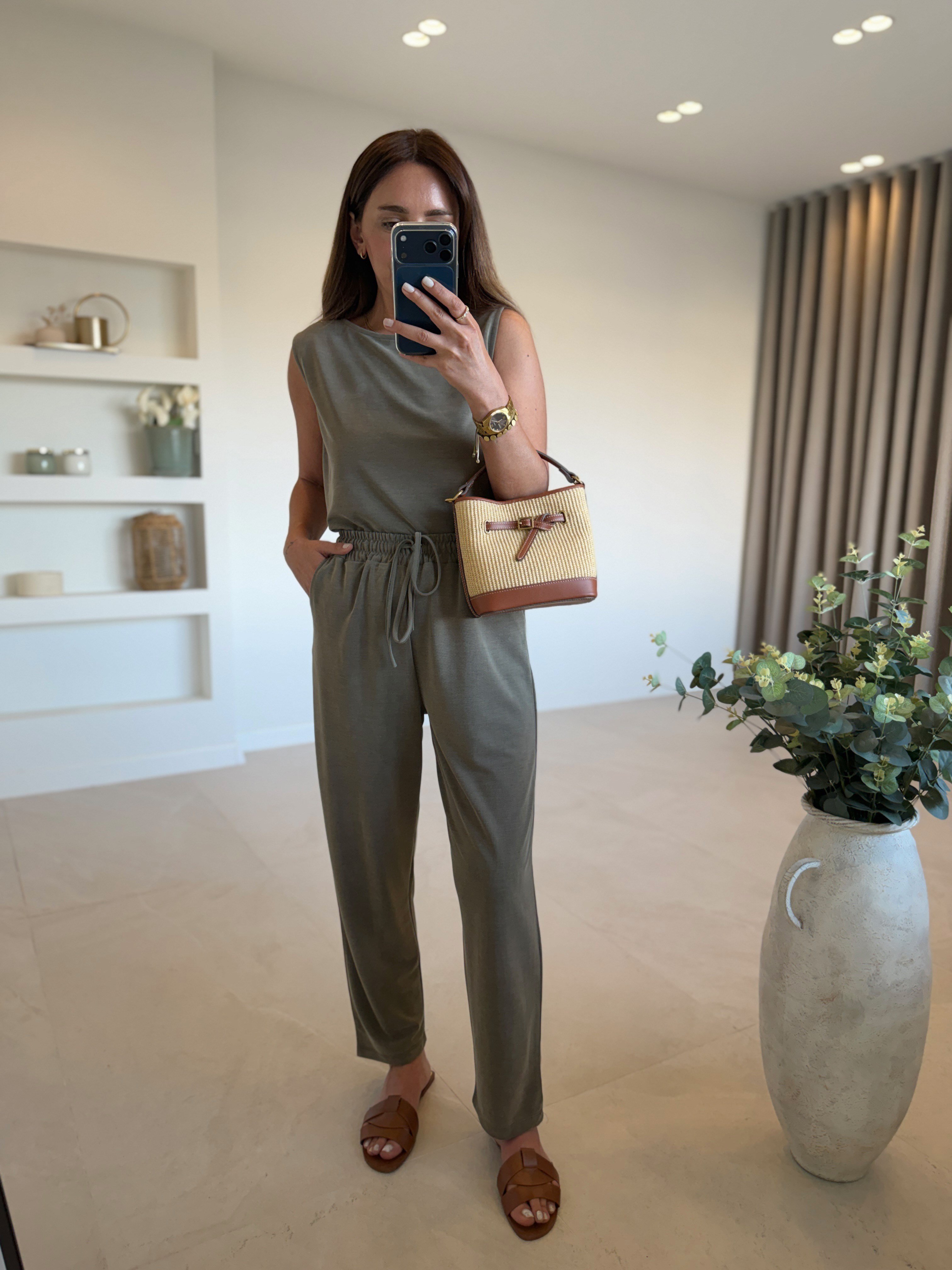 Low 7272 Modal Sıfır Kol Haki Bluz Pantolon Takım