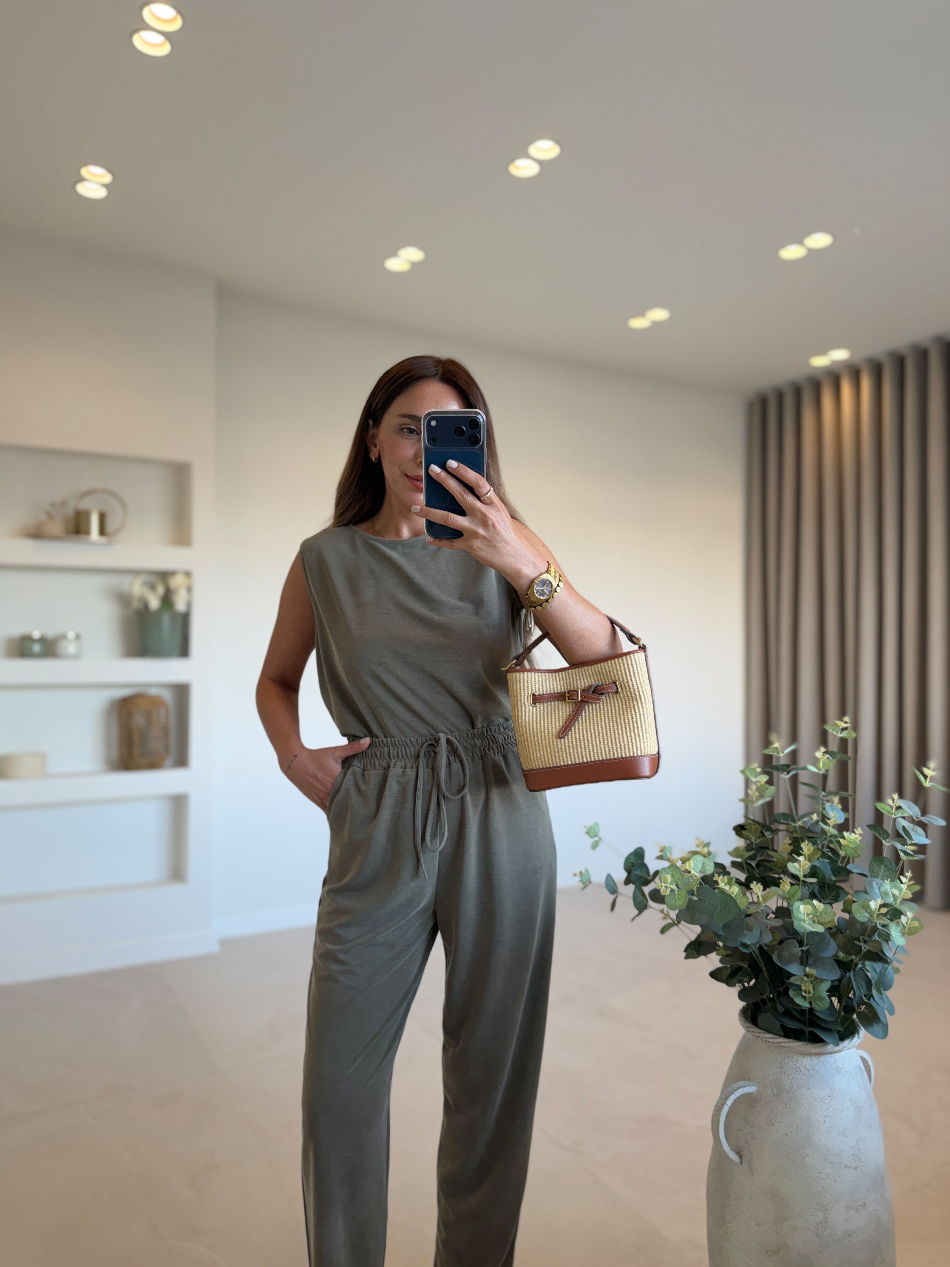 Low 7272 Modal Sıfır Kol Haki Bluz Pantolon Takım