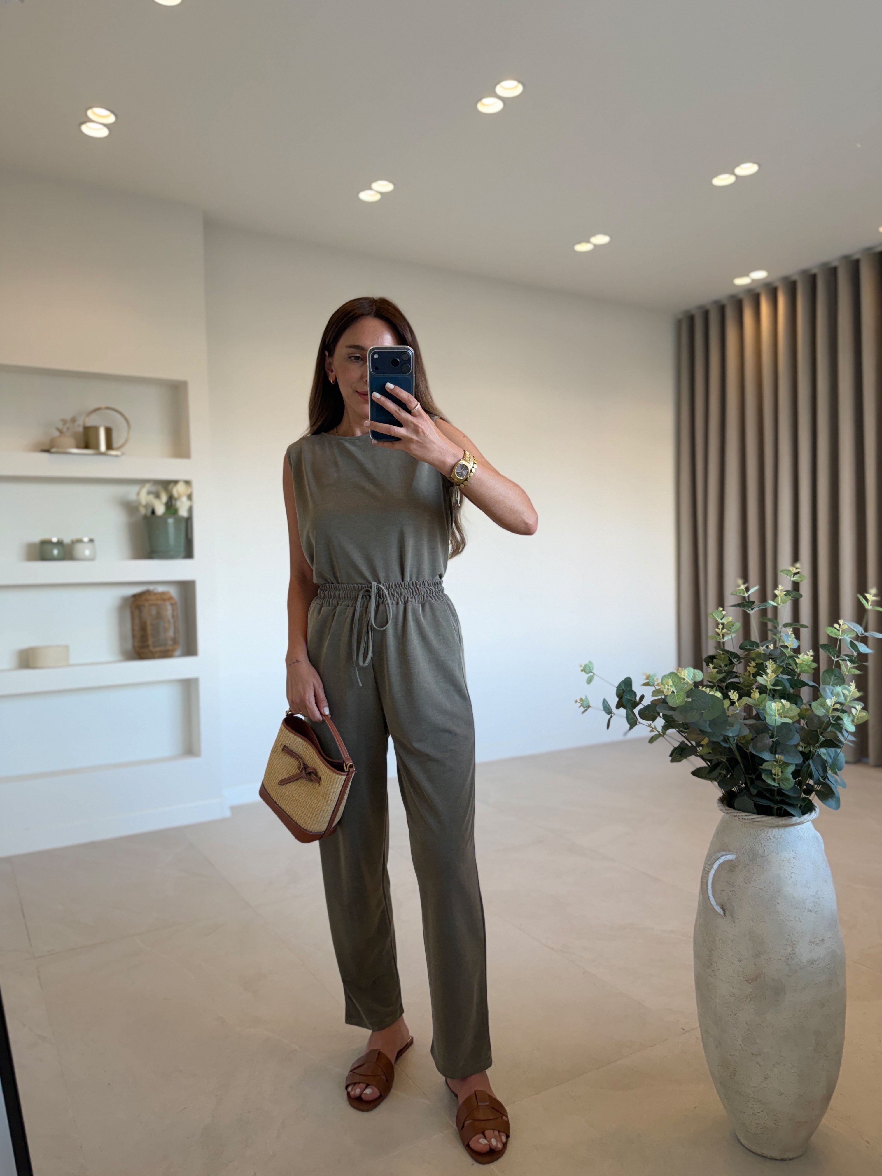Low 7272 Modal Sıfır Kol Haki Bluz Pantolon Takım