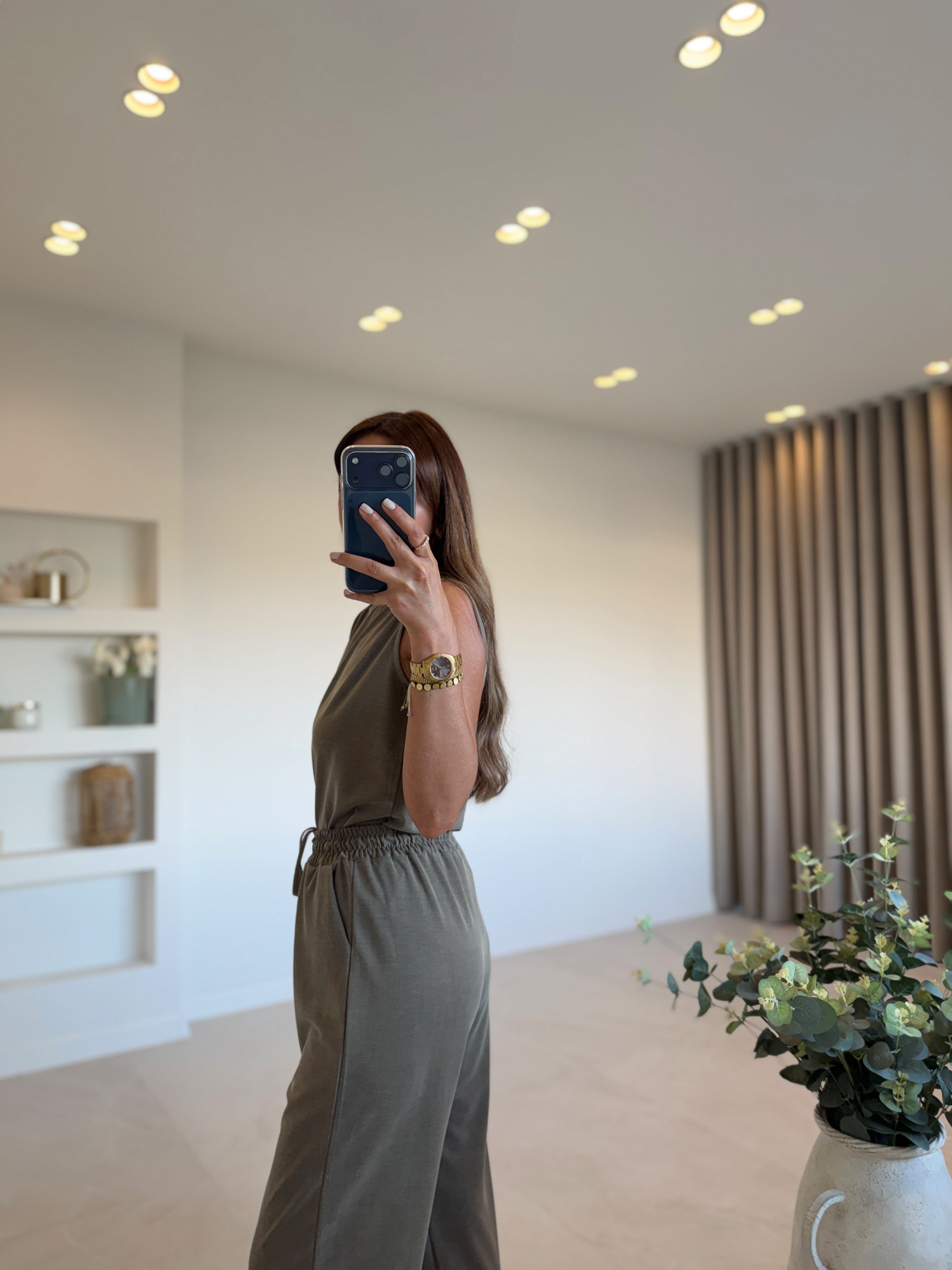 Low 7272 Modal Sıfır Kol Haki Bluz Pantolon Takım