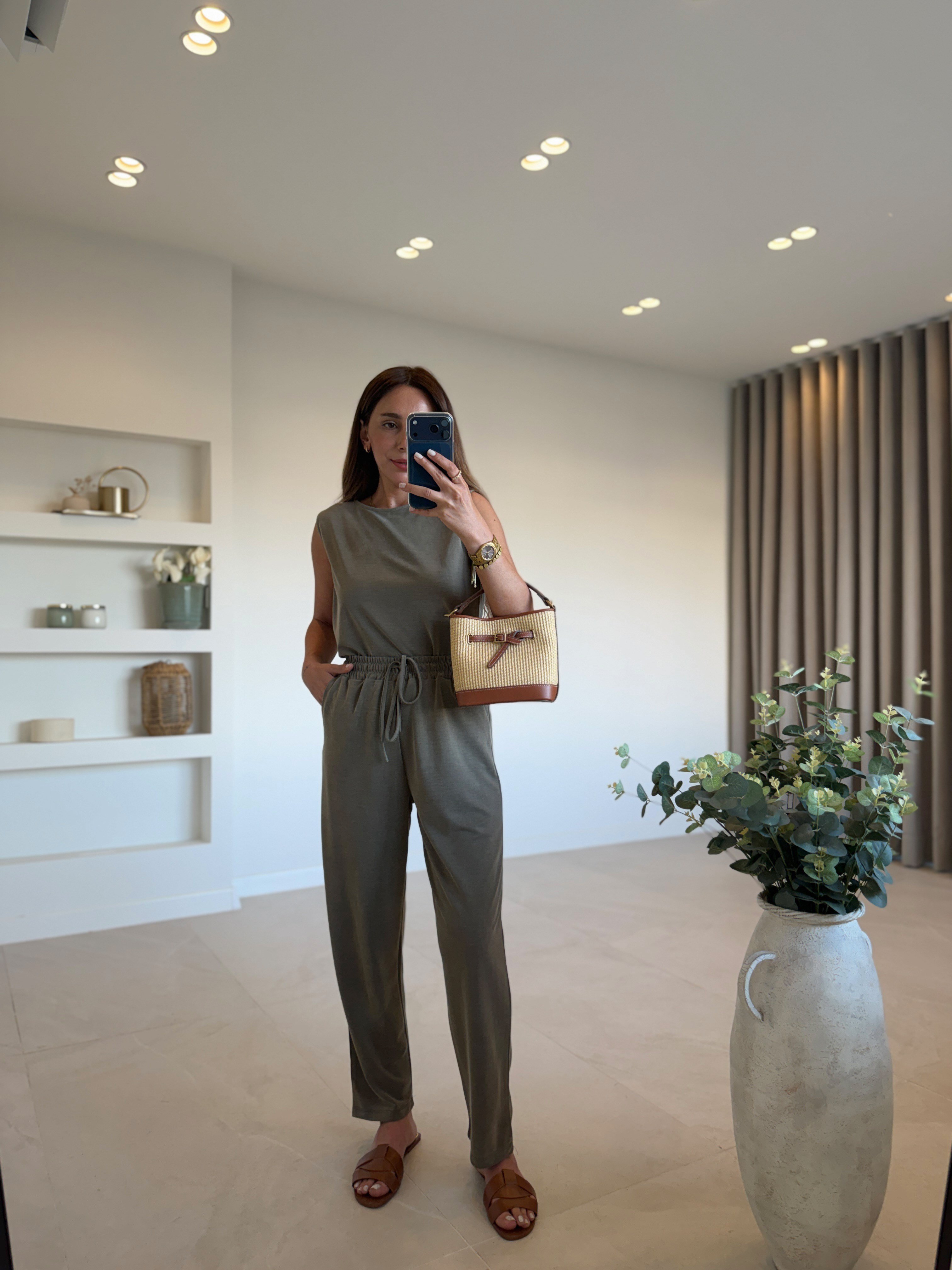 Low 7272 Modal Sıfır Kol Haki Bluz Pantolon Takım