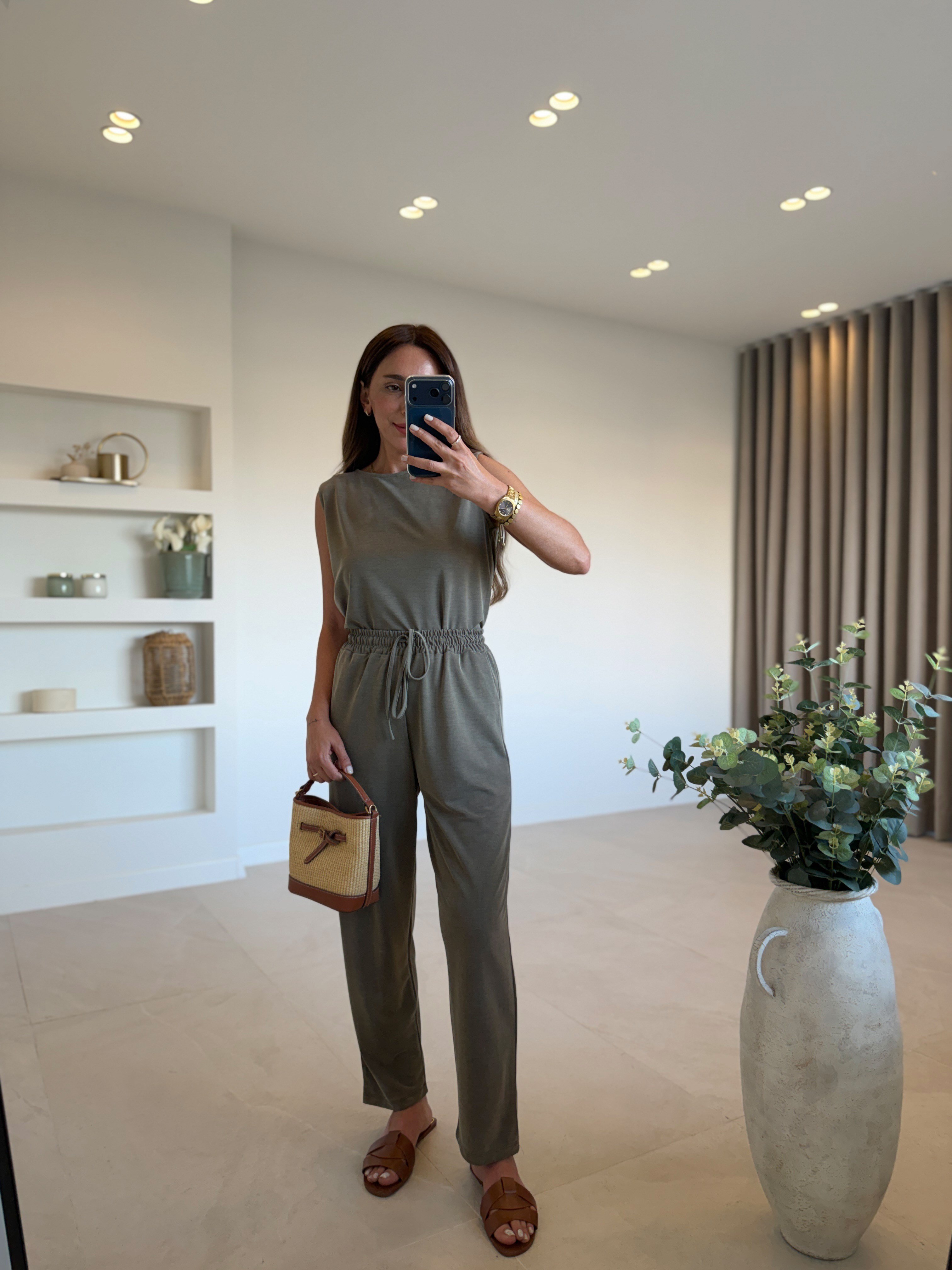 Low 7272 Modal Sıfır Kol Haki Bluz Pantolon Takım