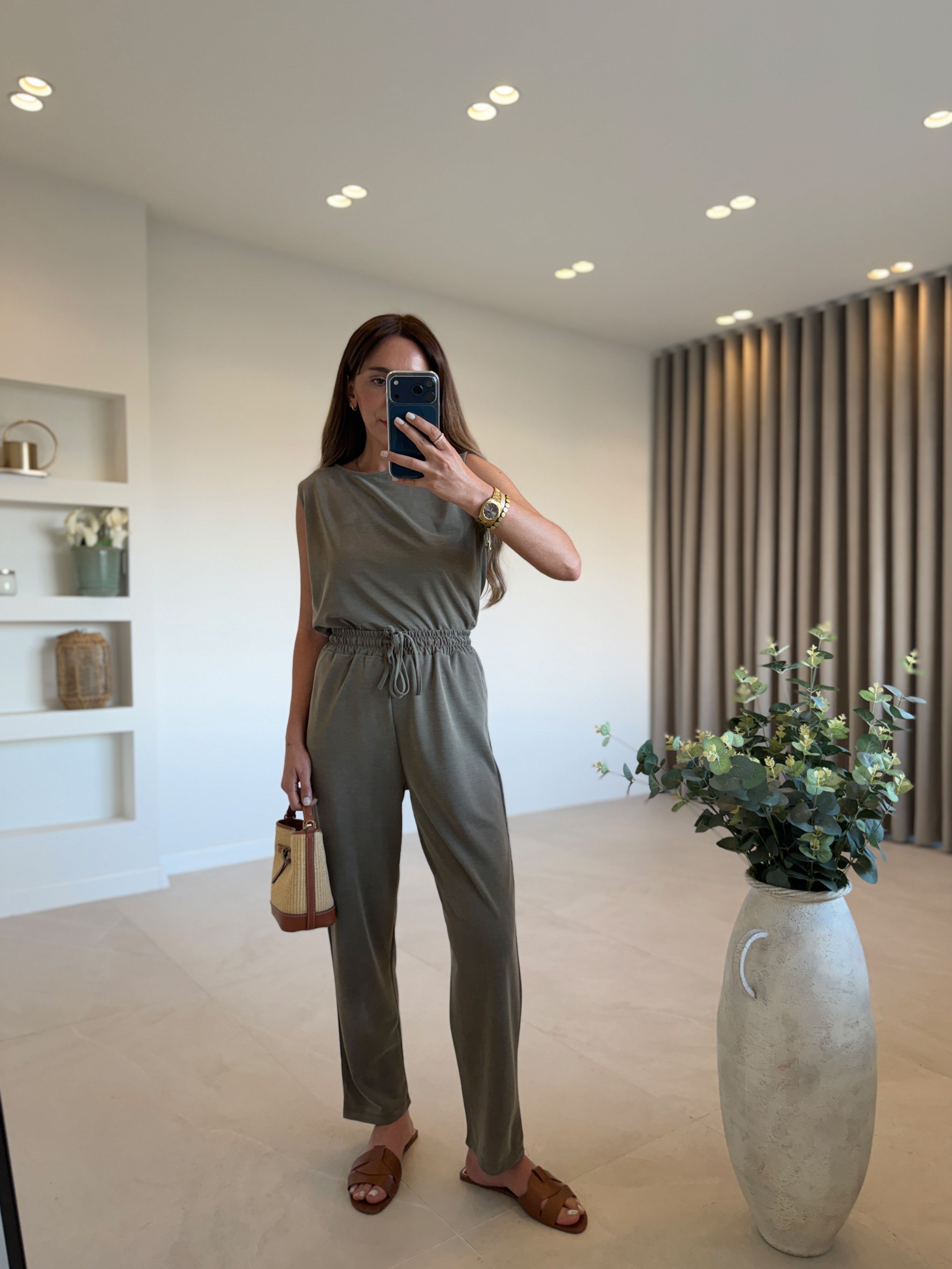 Low 7272 Modal Sıfır Kol Haki Bluz Pantolon Takım