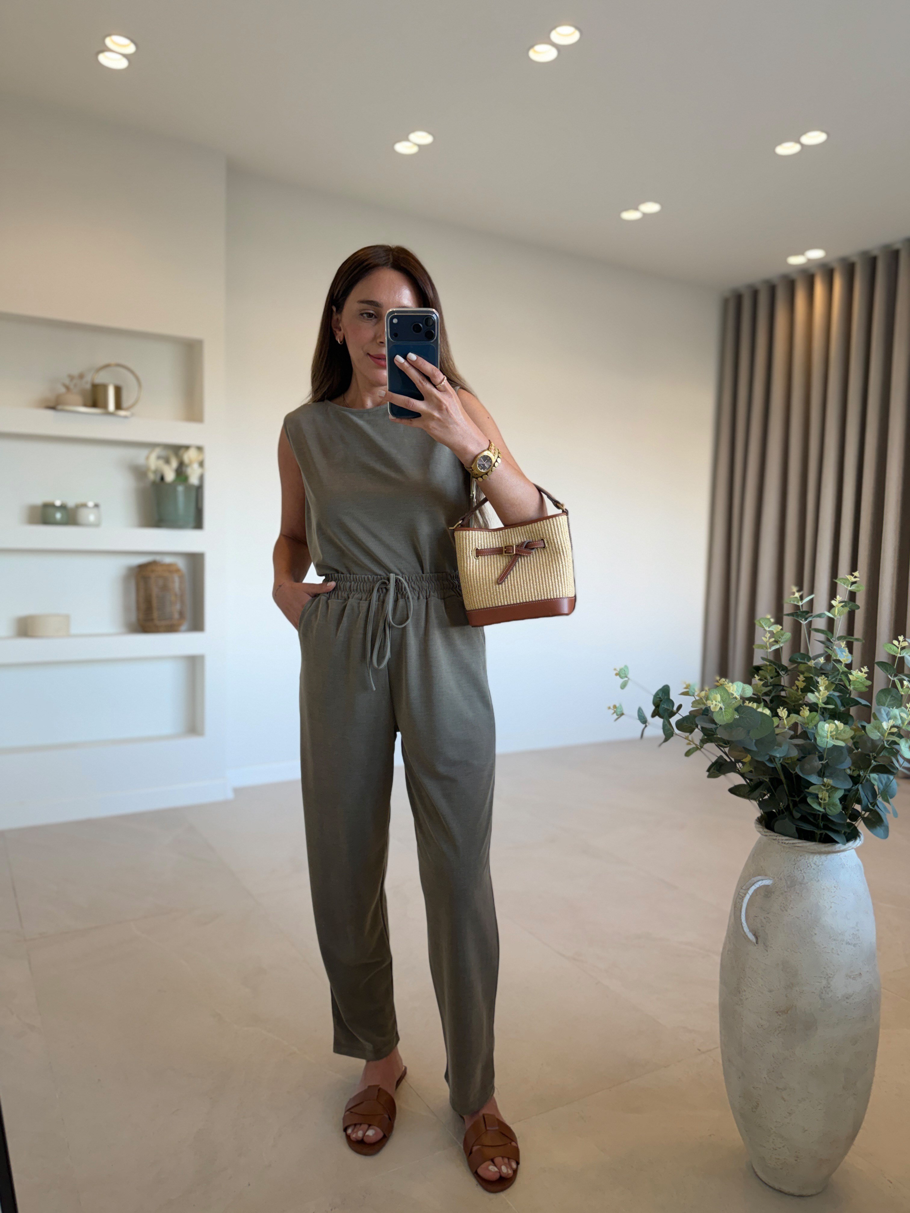 Low 7272 Modal Sıfır Kol Haki Bluz Pantolon Takım