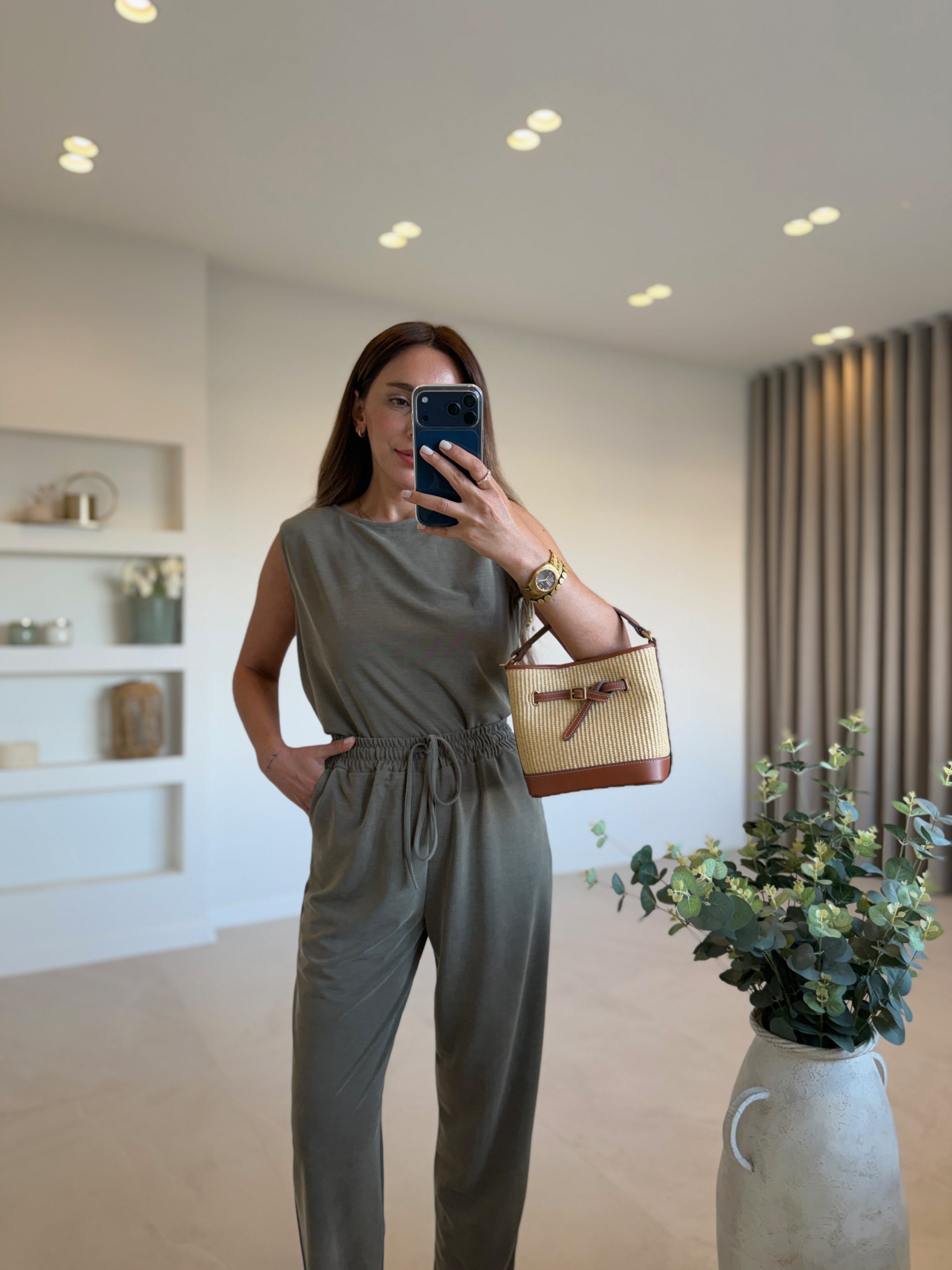 Low 7272 Modal Sıfır Kol Haki Bluz Pantolon Takım