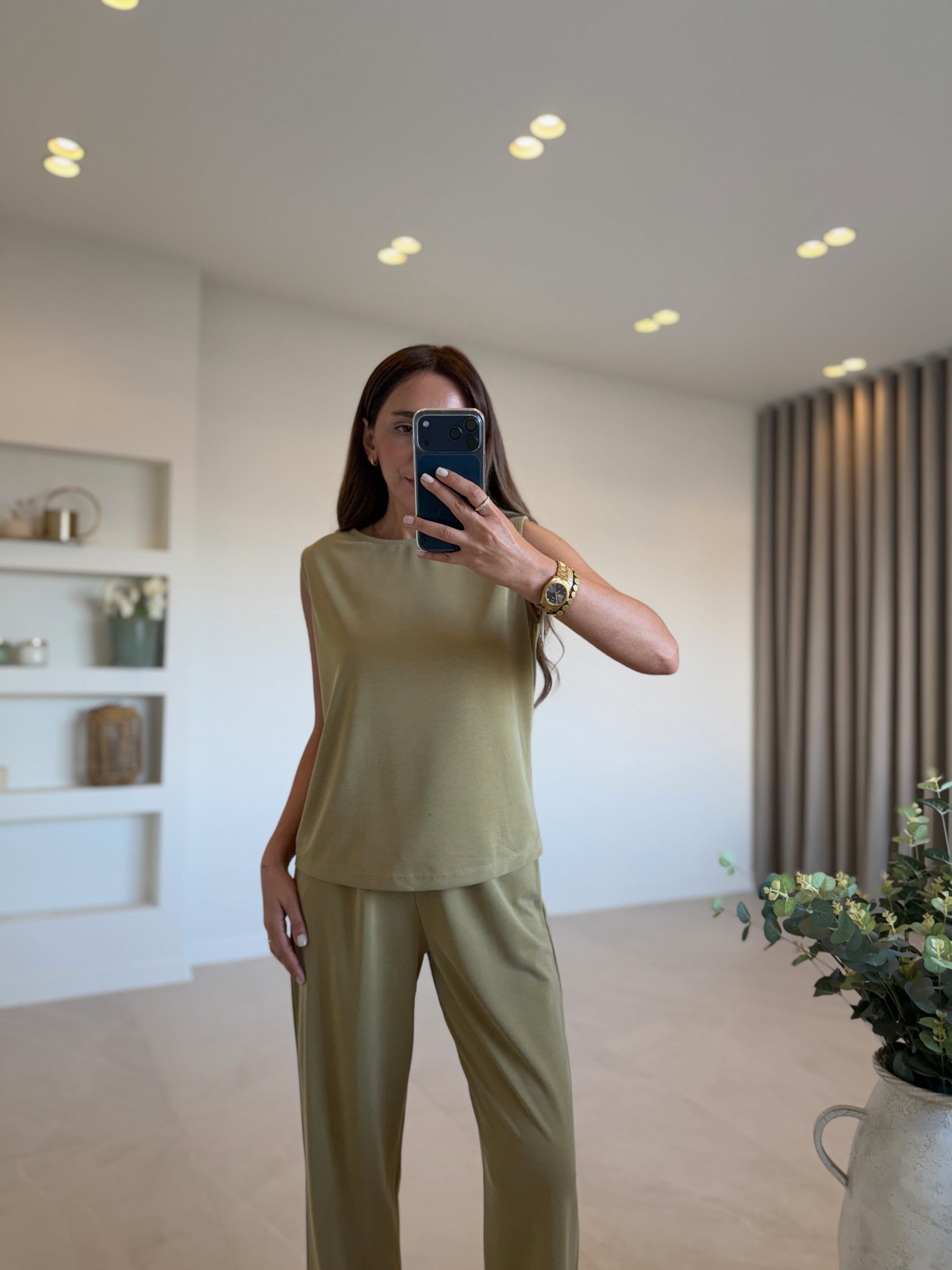 Low 7272 Modal Sıfır Kol Olive Bluz Pantolon Takım