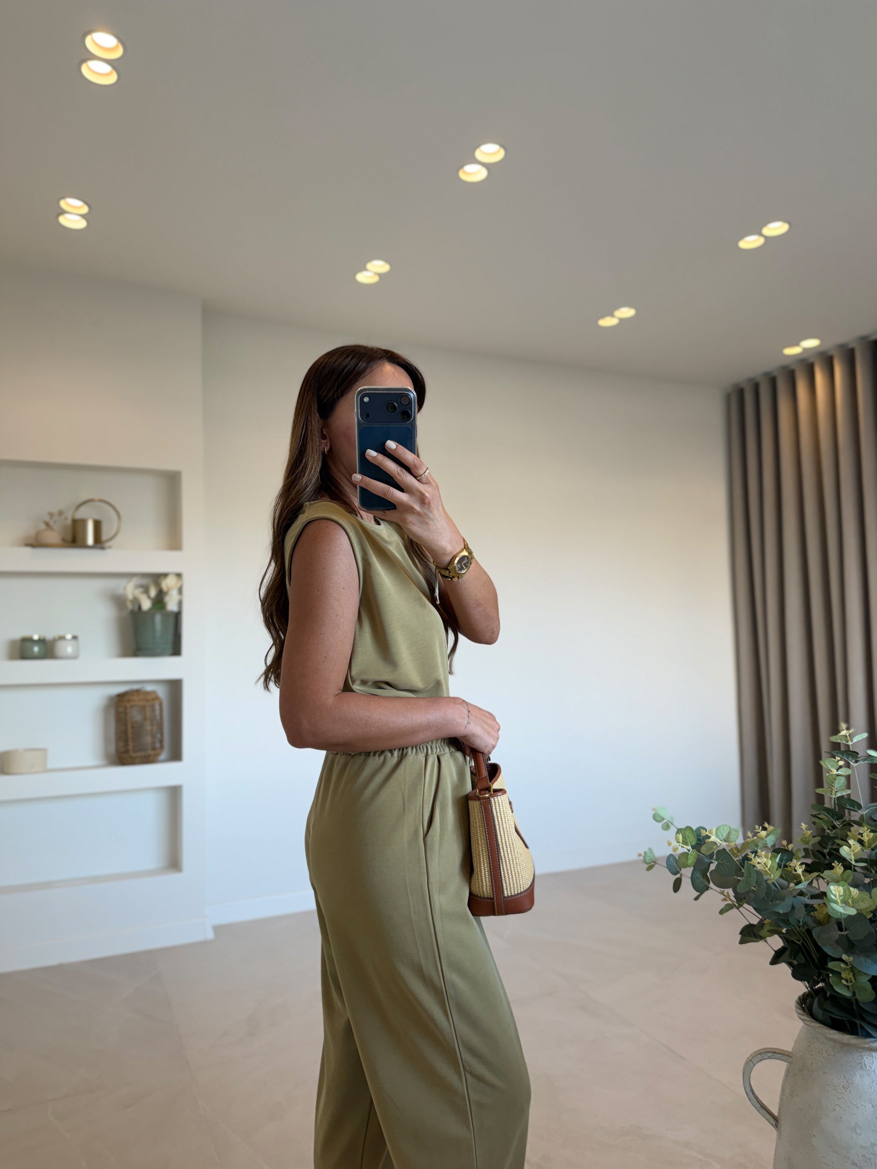 Low 7272 Modal Sıfır Kol Olive Bluz Pantolon Takım