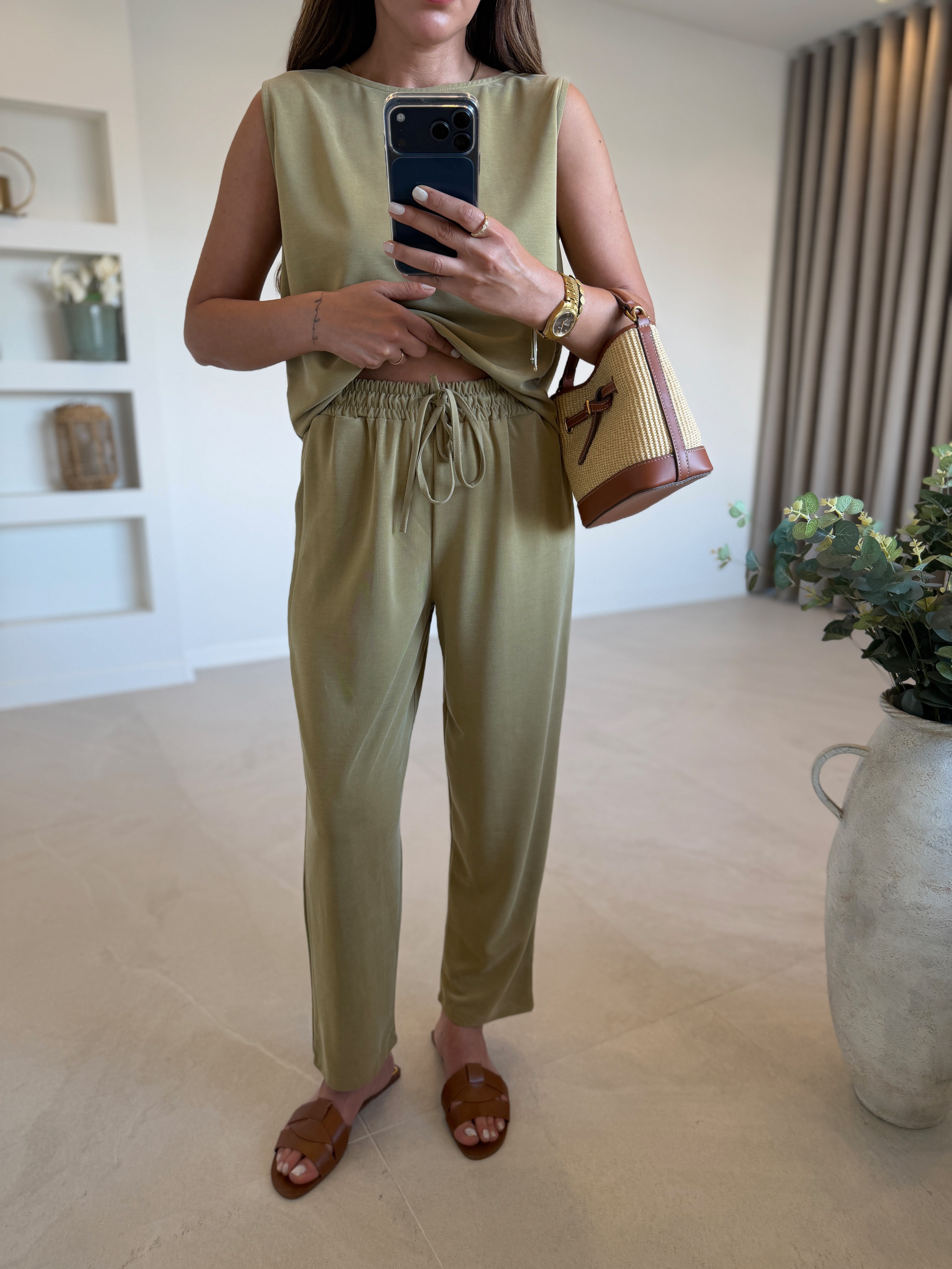 Low 7272 Modal Sıfır Kol Olive Bluz Pantolon Takım