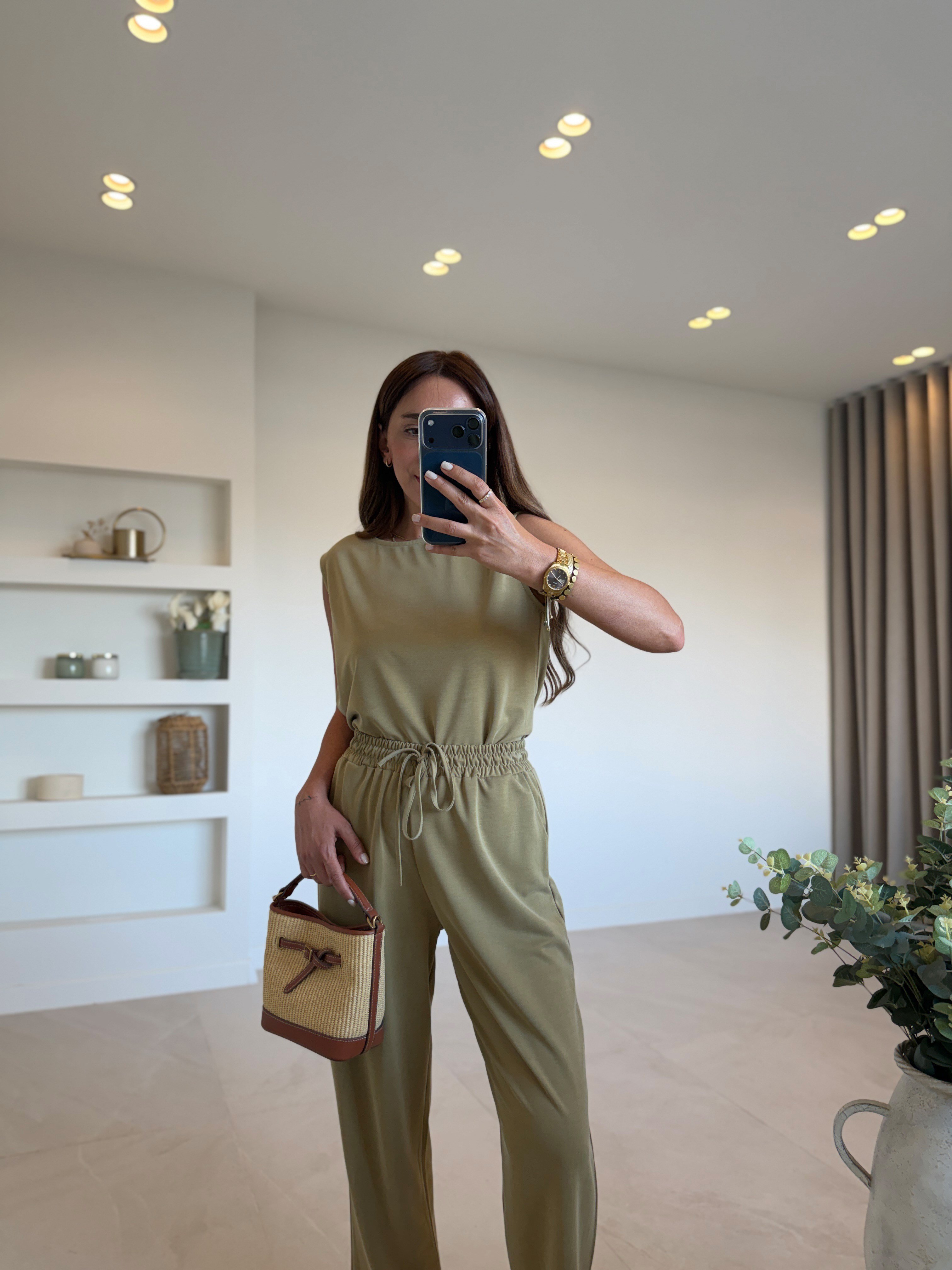 Low 7272 Modal Sıfır Kol Olive Bluz Pantolon Takım
