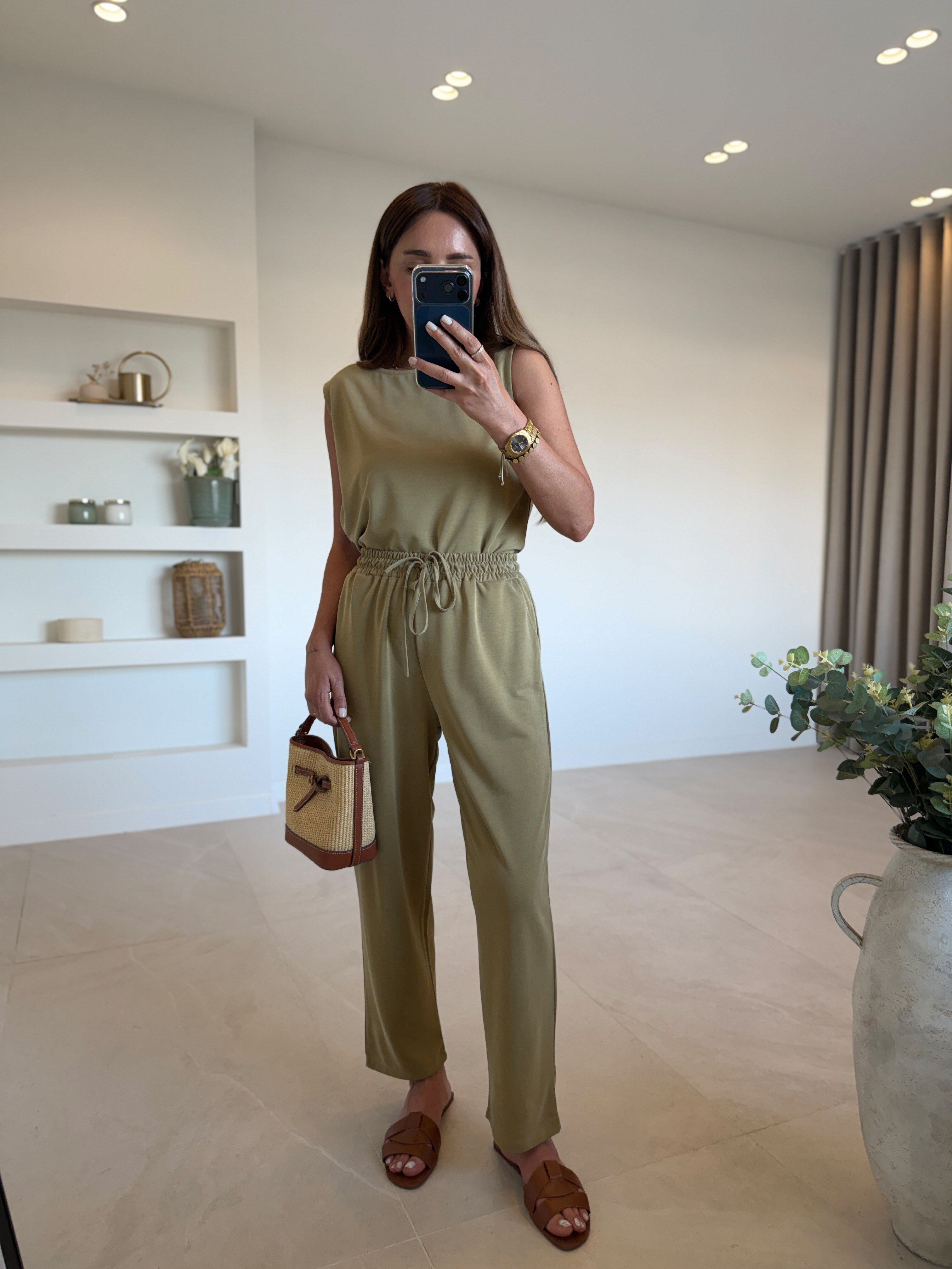 Low 7272 Modal Sıfır Kol Olive Bluz Pantolon Takım