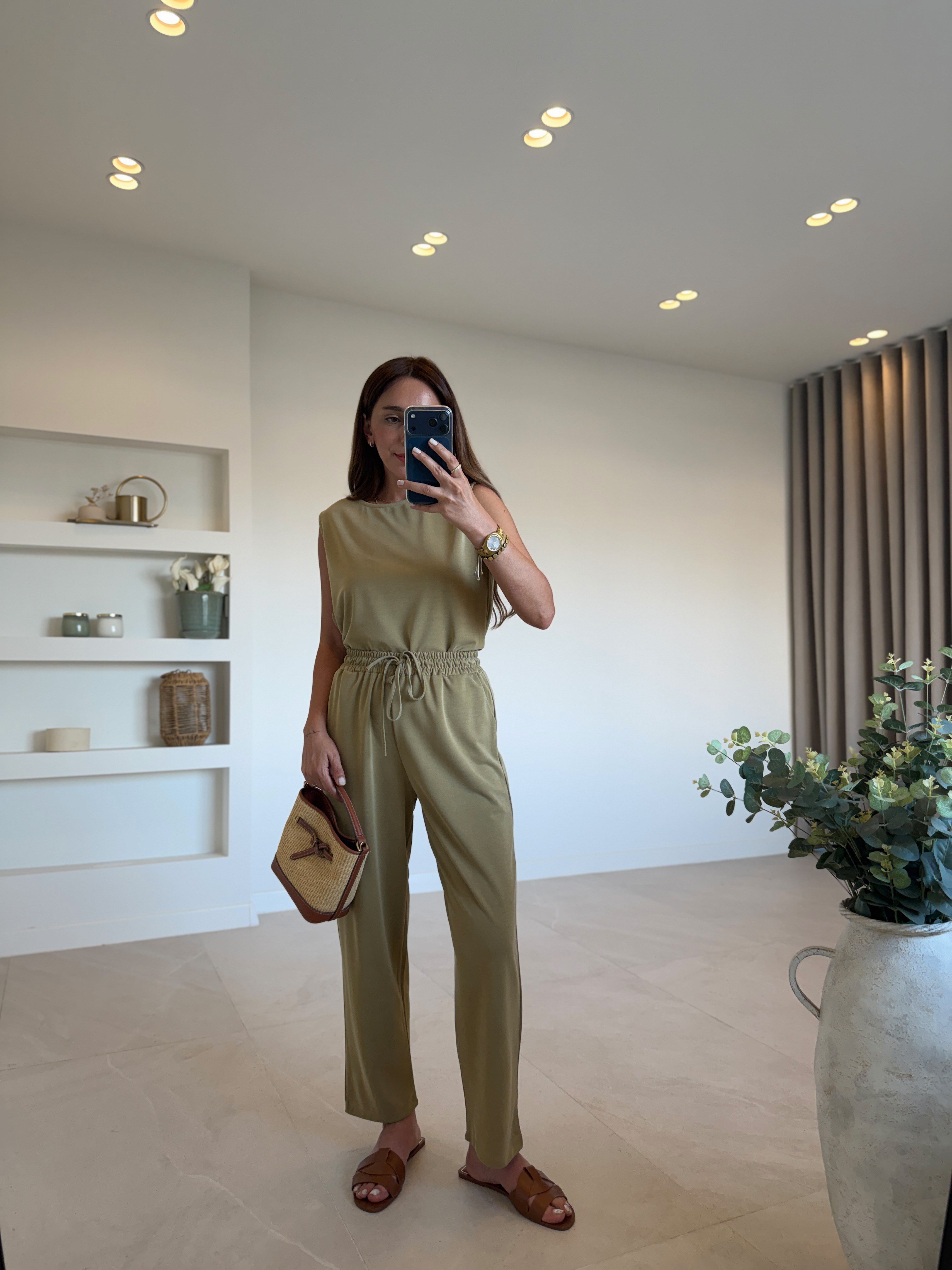 Low 7272 Modal Sıfır Kol Olive Bluz Pantolon Takım