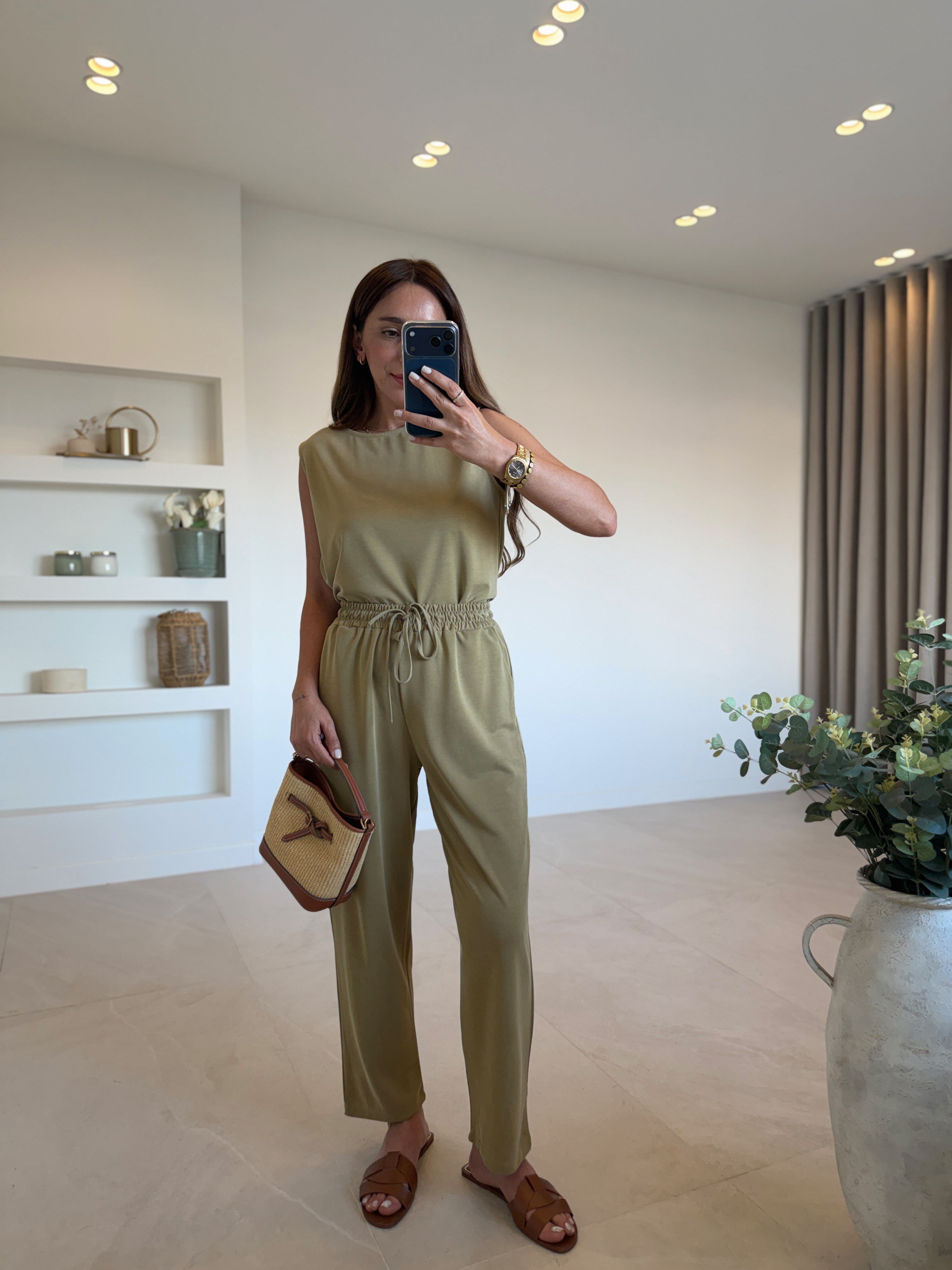 Low 7272 Modal Sıfır Kol Olive Bluz Pantolon Takım