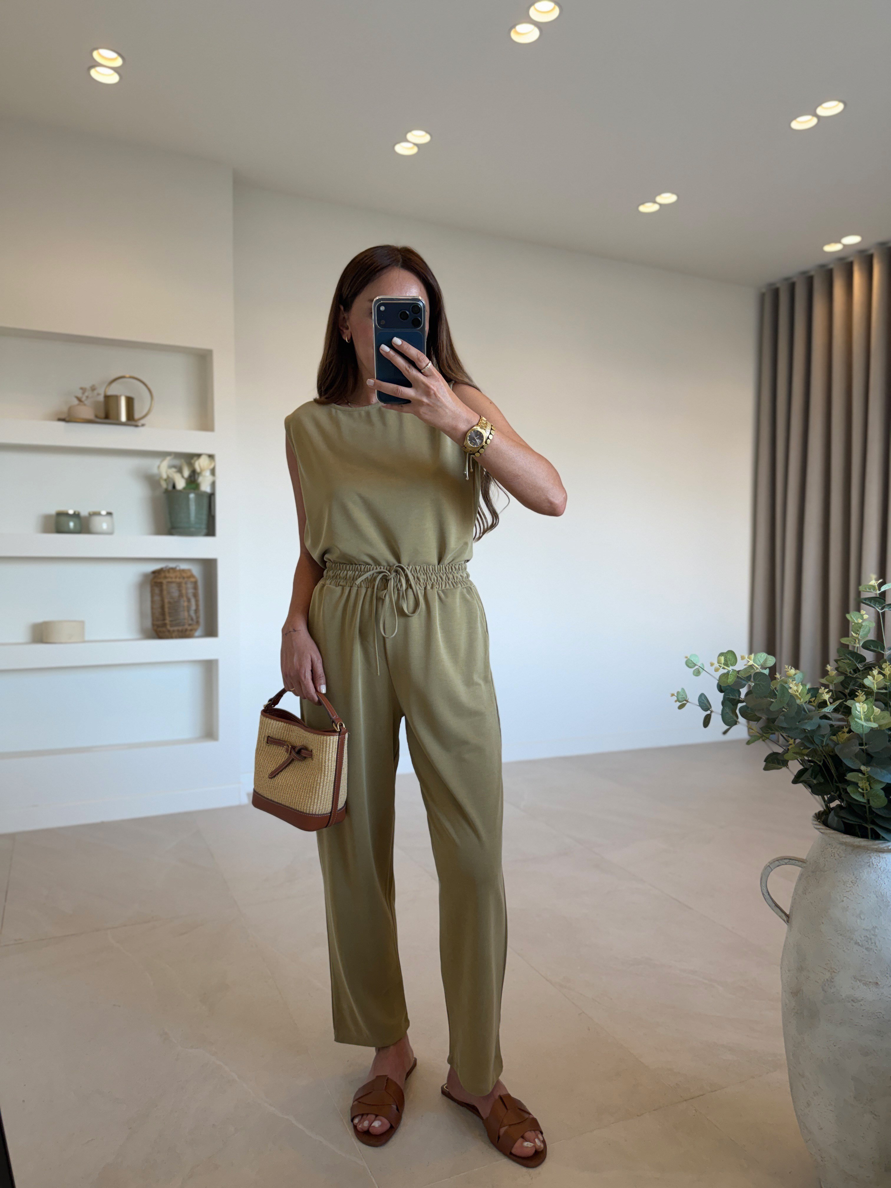 Low 7272 Modal Sıfır Kol Olive Bluz Pantolon Takım