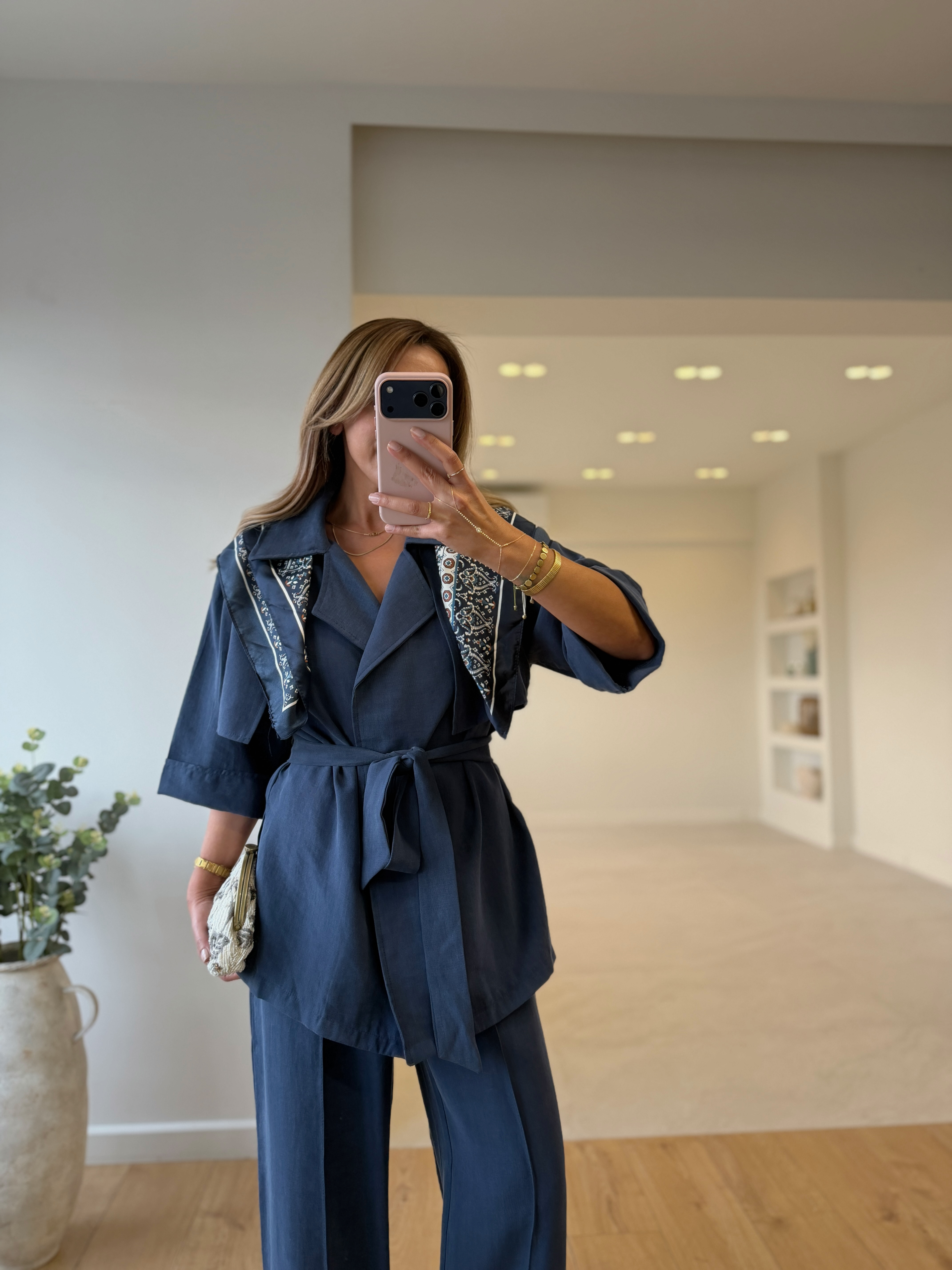 Low 7309 Lacivert Tensel Yarım Kol Gömlek Pantolon Takım