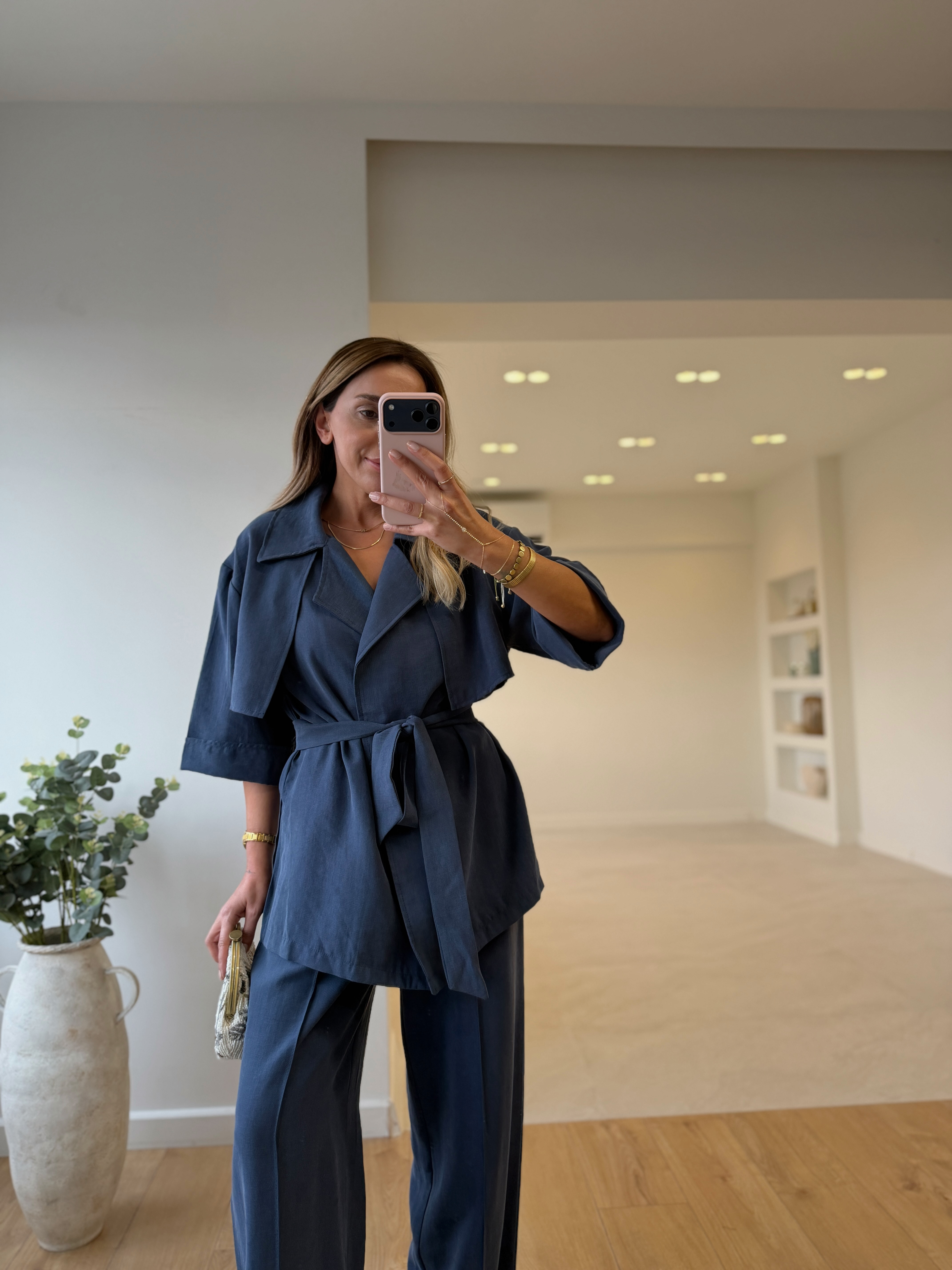 Low 7309 Lacivert Tensel Yarım Kol Gömlek Pantolon Takım