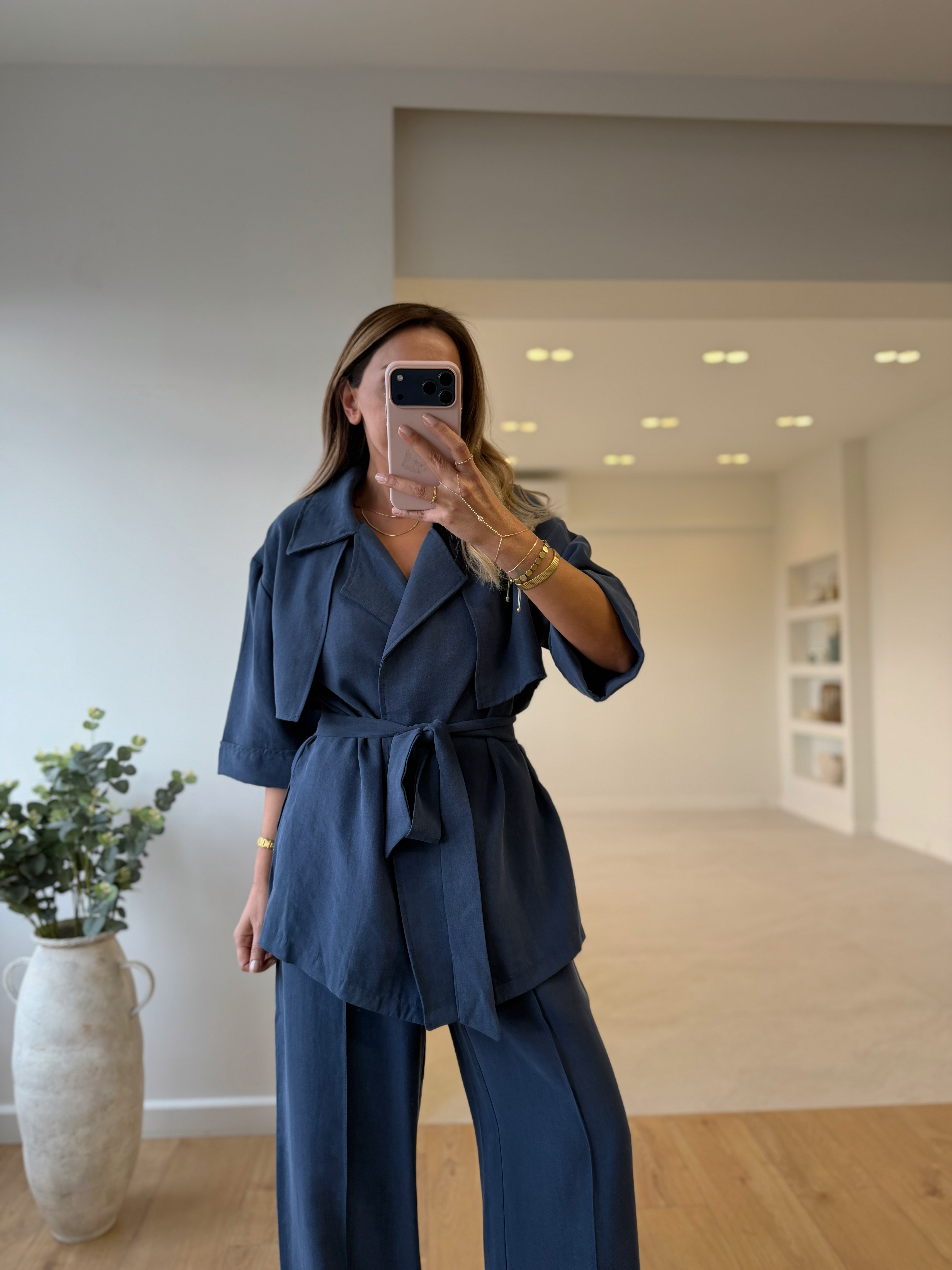 Low 7309 Lacivert Tensel Yarım Kol Gömlek Pantolon Takım