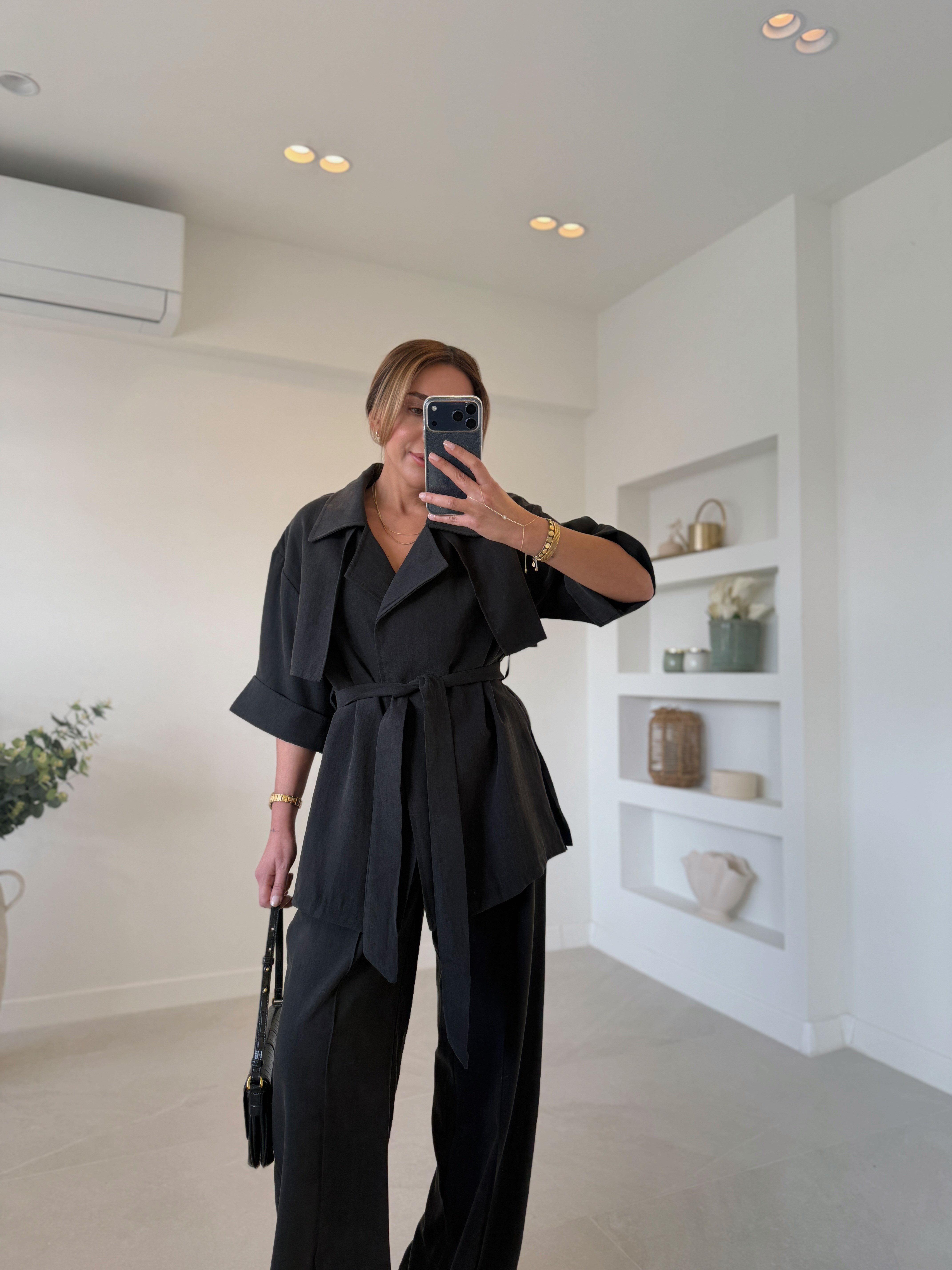 Low 7309 Siyah Tensel Yarım Kol Gömlek Pantolon Takım