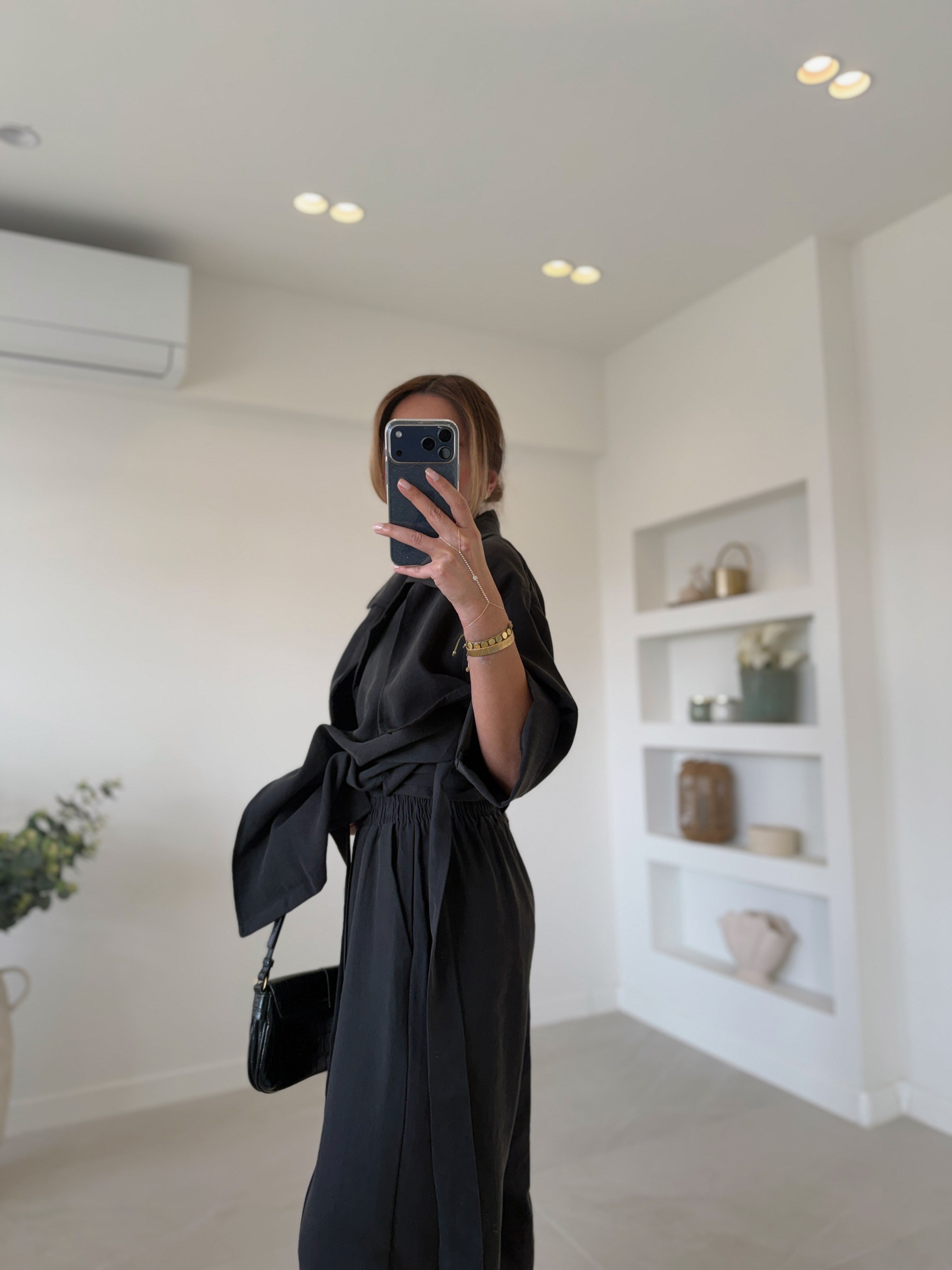 Low 7309 Siyah Tensel Yarım Kol Gömlek Pantolon Takım