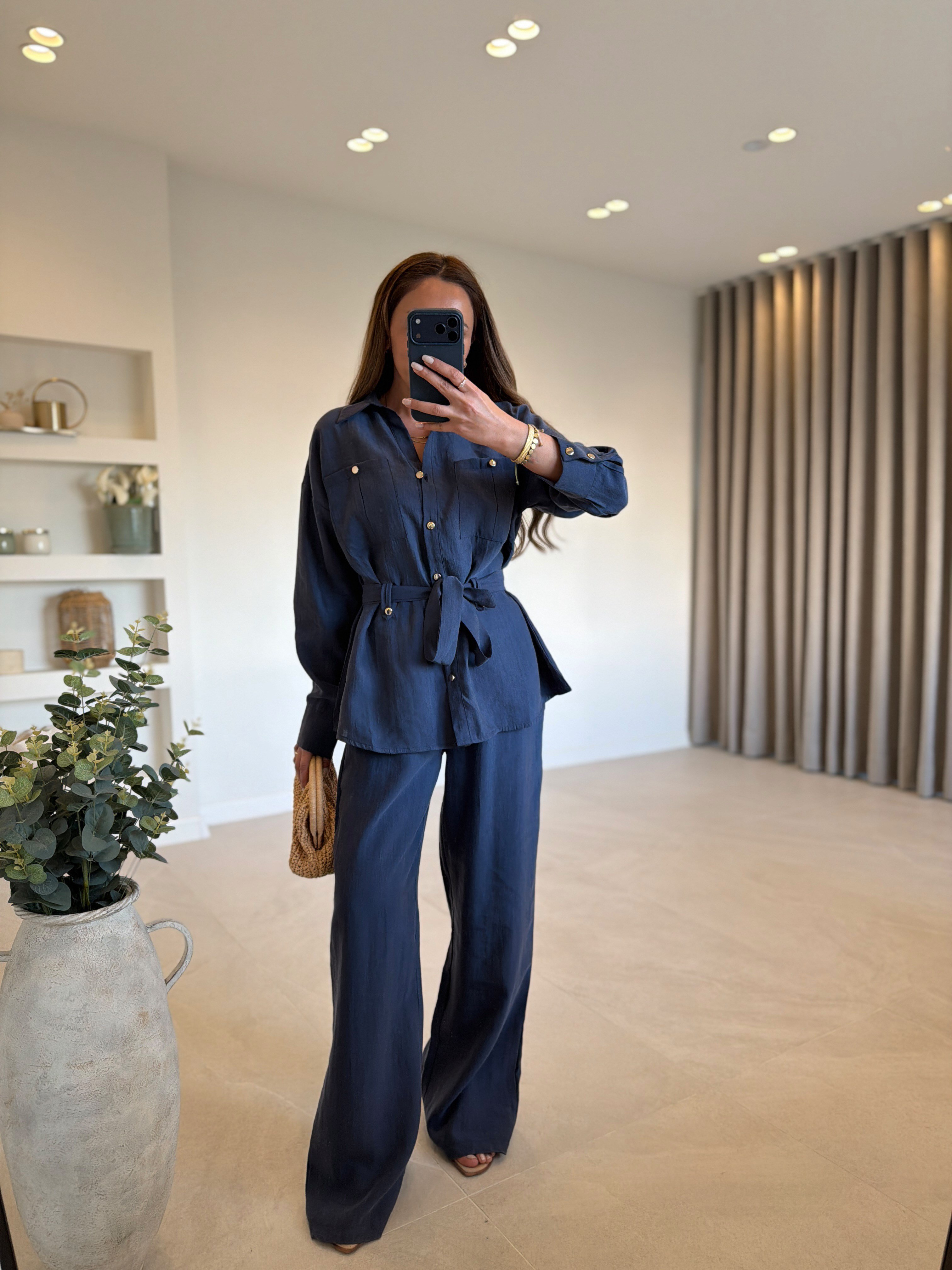 Low 7313 Bağlamalı Lacivert Tensel Gömlek Pantolon Takım