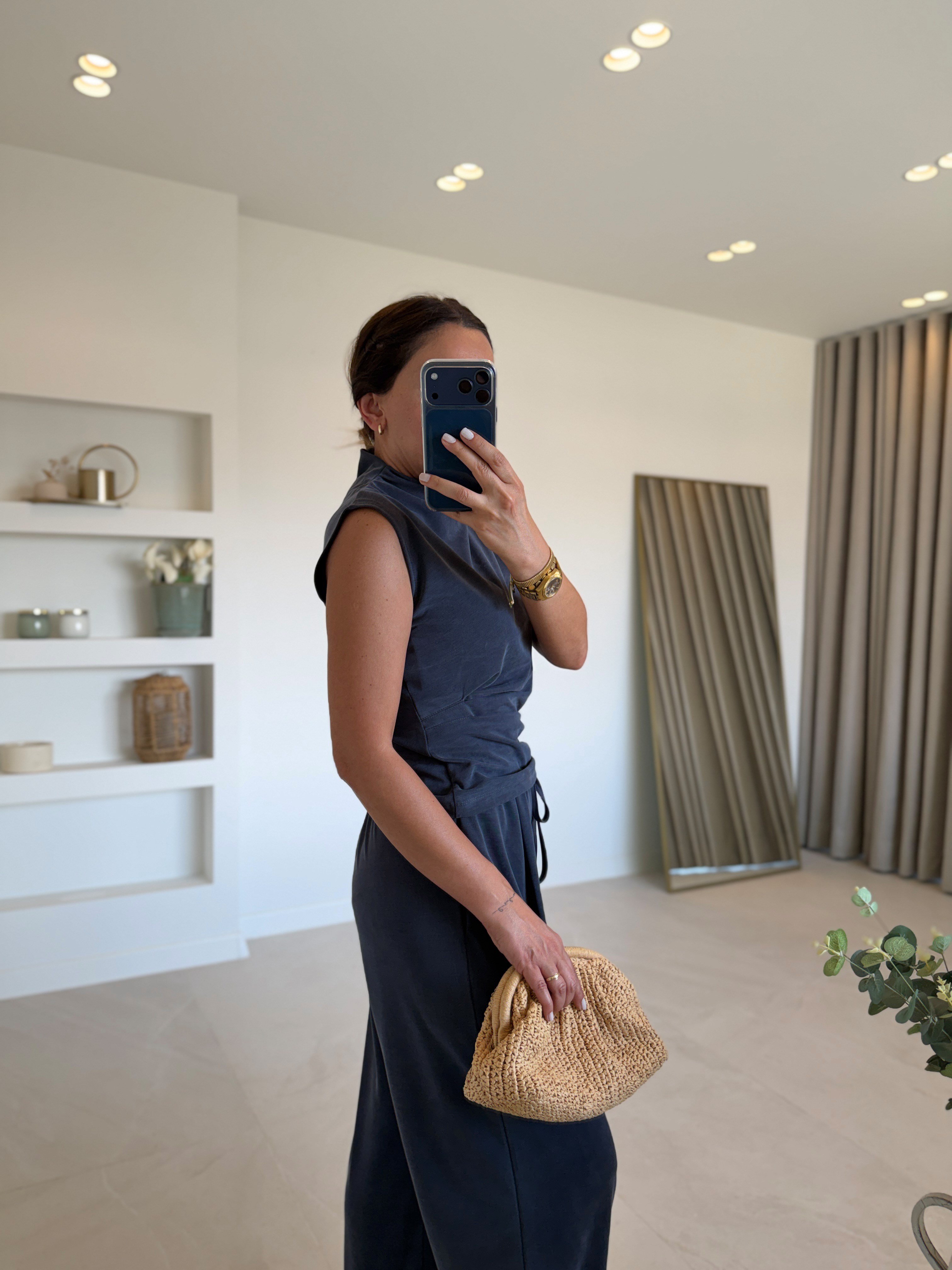 Low 7332 Pike Sıfır Kol Lacivert Bluz Pantolon Takım