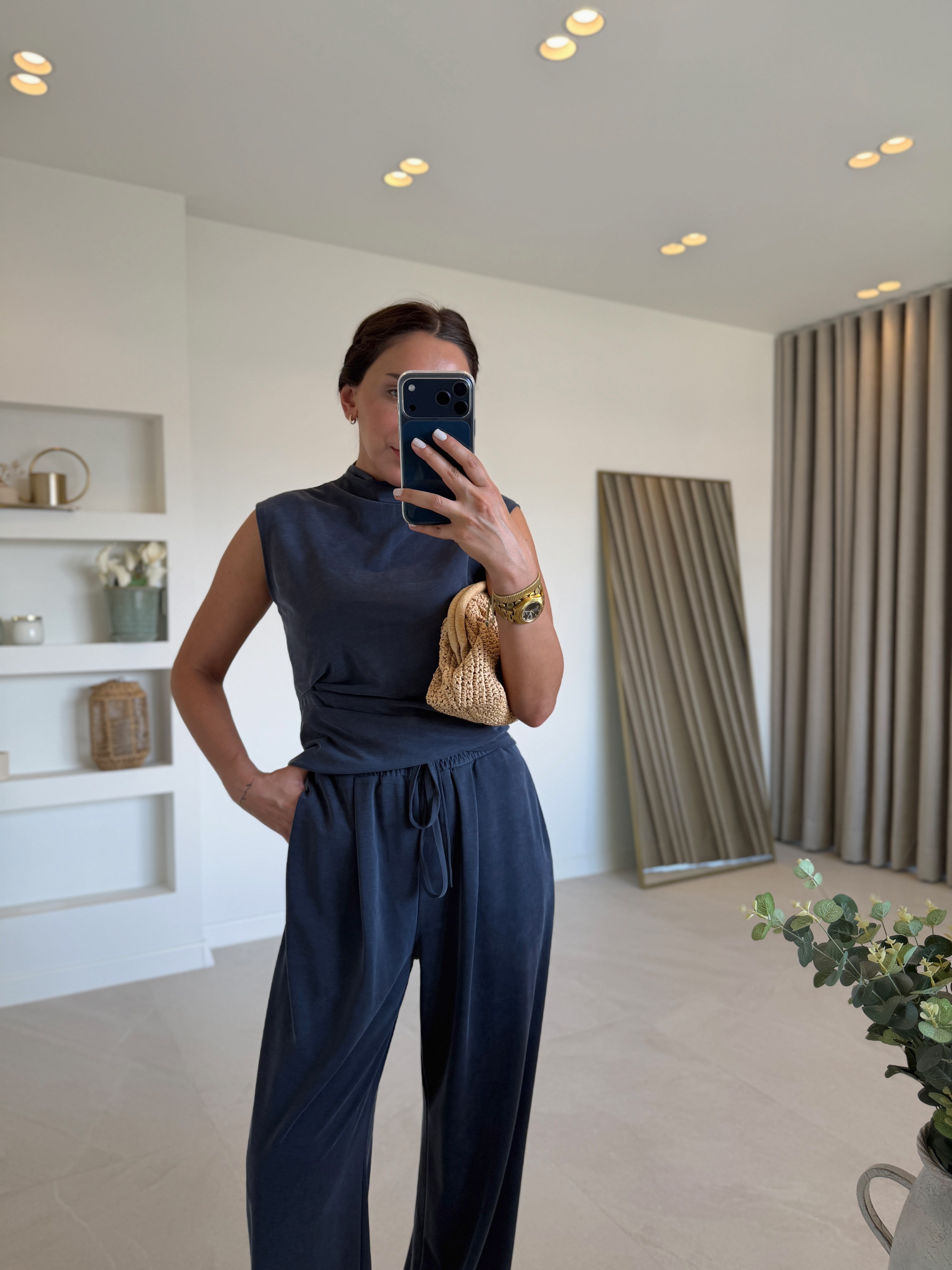 Low 7332 Pike Sıfır Kol Lacivert Bluz Pantolon Takım
