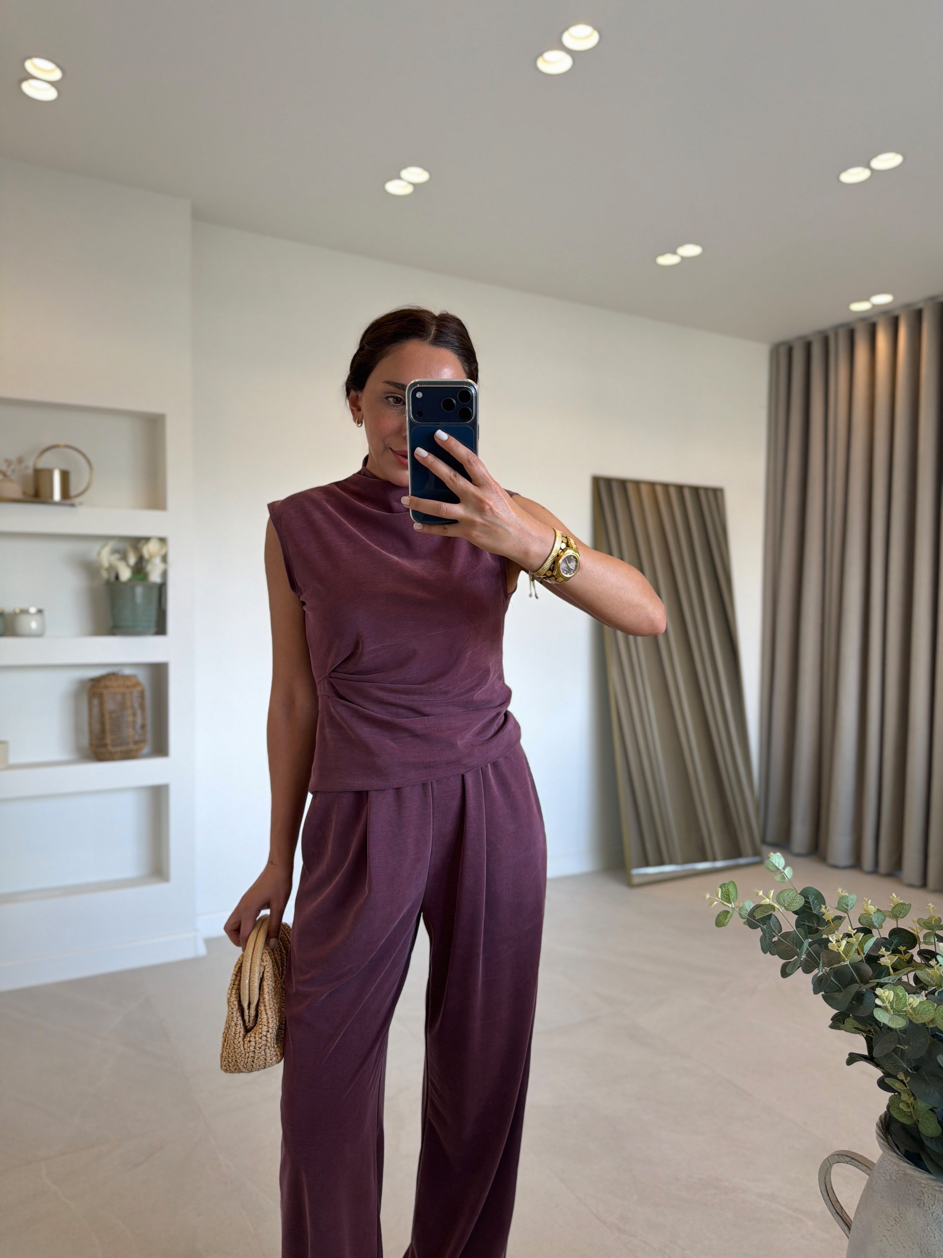 Low 7332 Pike Sıfır Kol Mürdüm Bluz Pantolon Takım