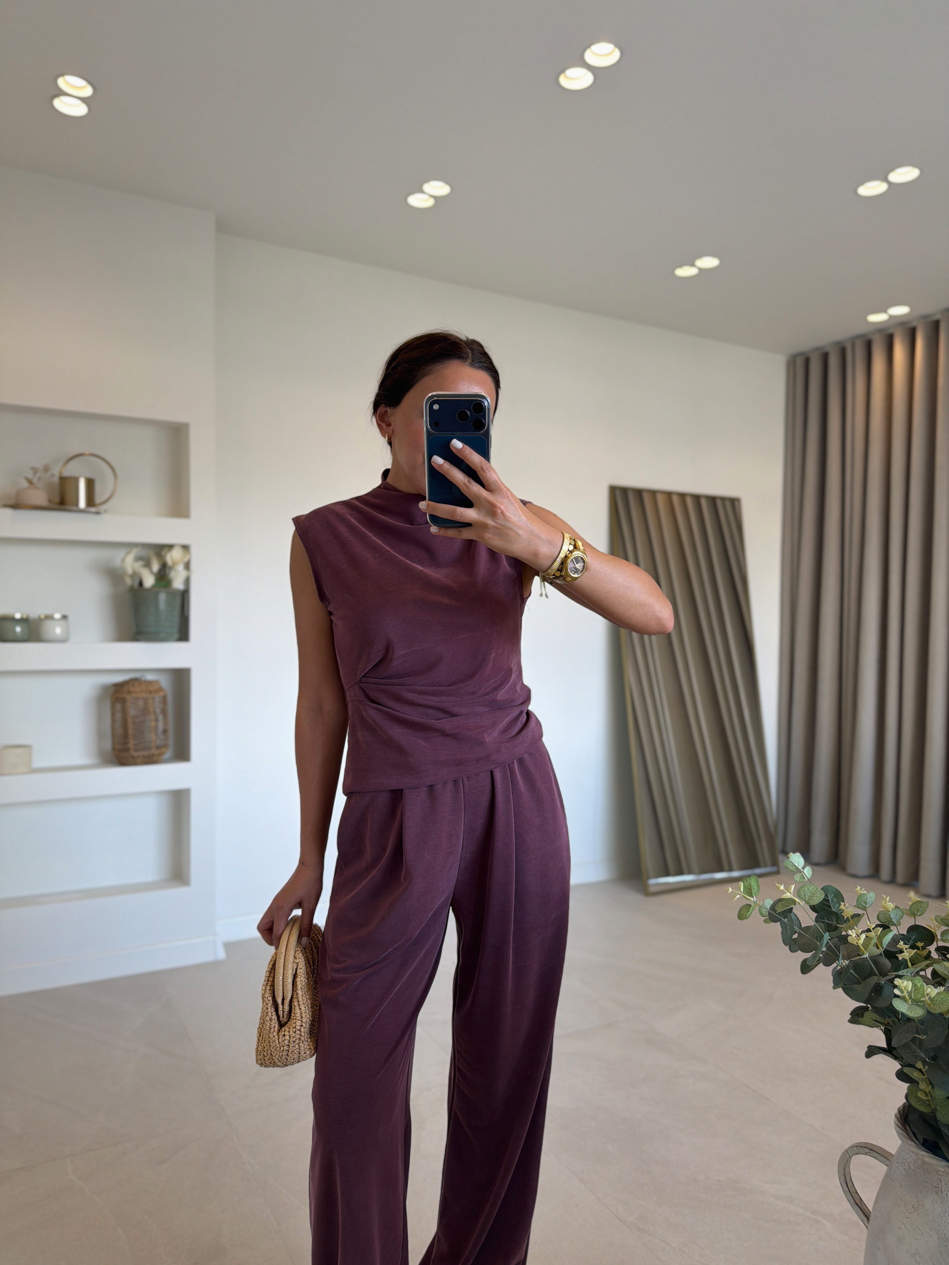 Low 7332 Pike Sıfır Kol Mürdüm Bluz Pantolon Takım