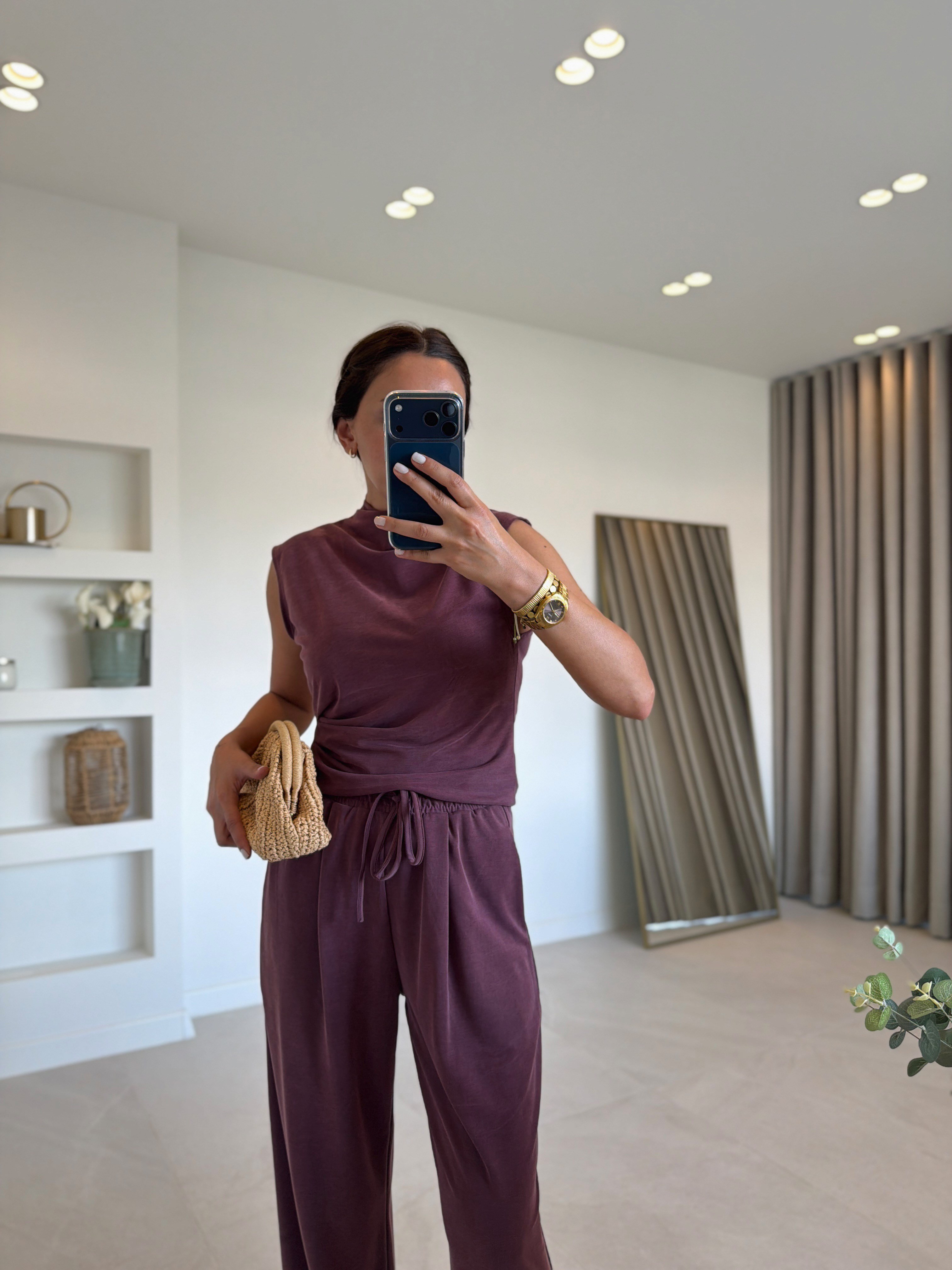 Low 7332 Pike Sıfır Kol Mürdüm Bluz Pantolon Takım