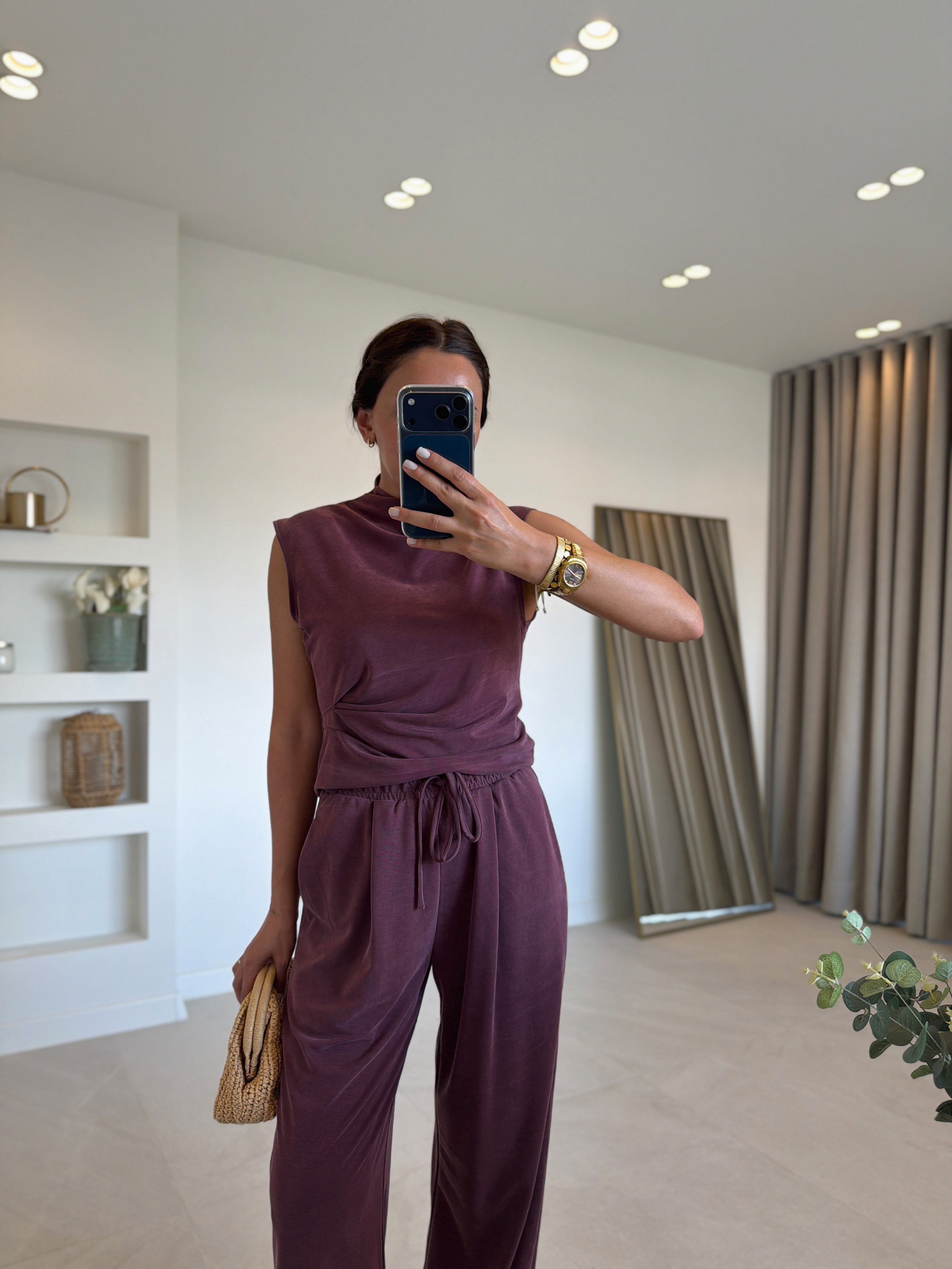 Low 7332 Pike Sıfır Kol Mürdüm Bluz Pantolon Takım