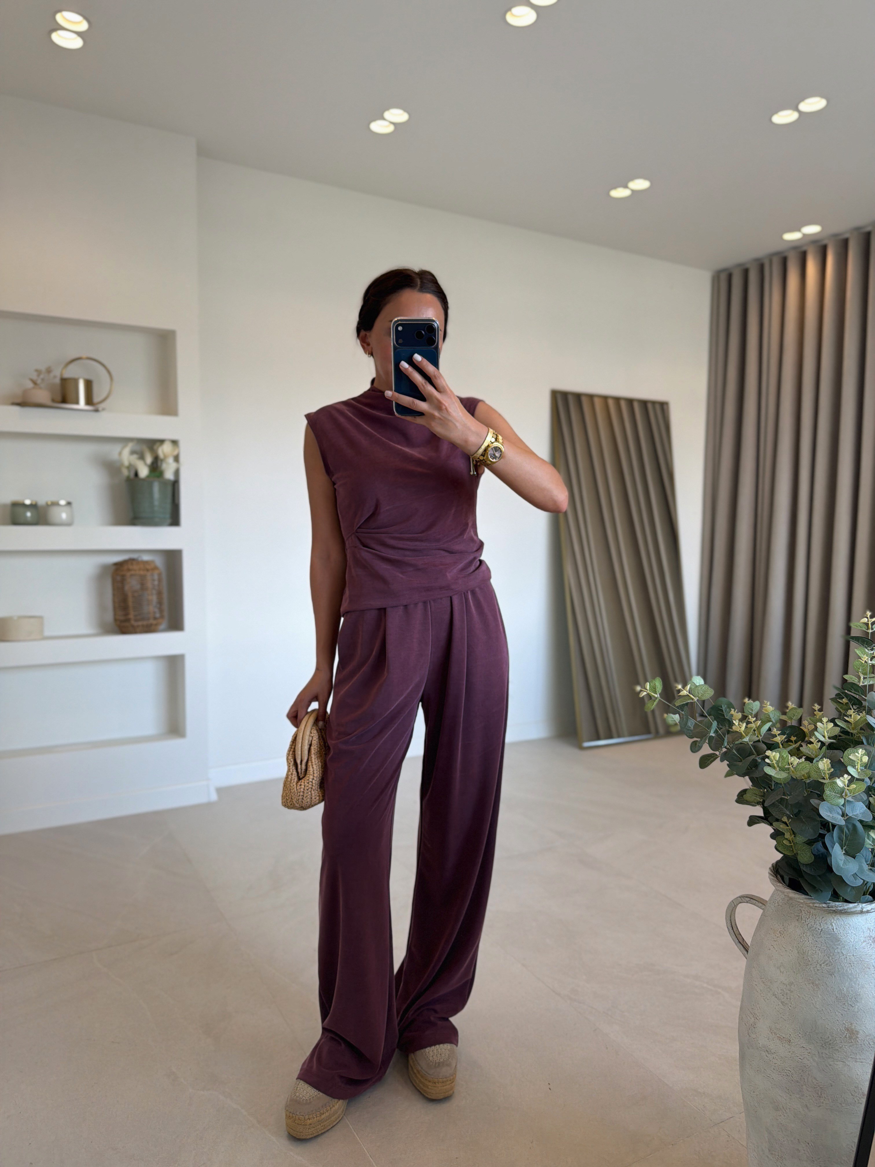 Low 7332 Pike Sıfır Kol Mürdüm Bluz Pantolon Takım