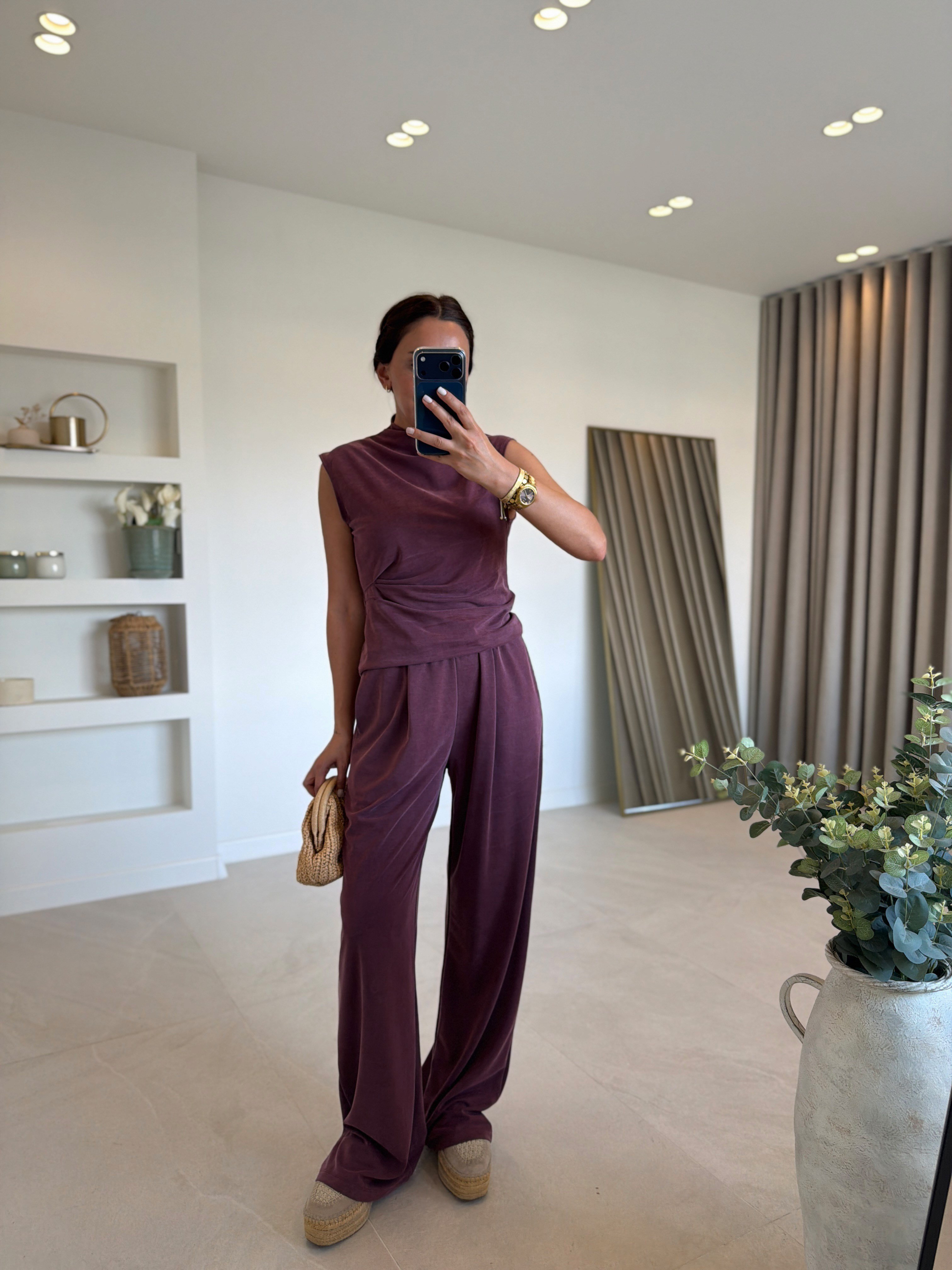 Low 7332 Pike Sıfır Kol Mürdüm Bluz Pantolon Takım