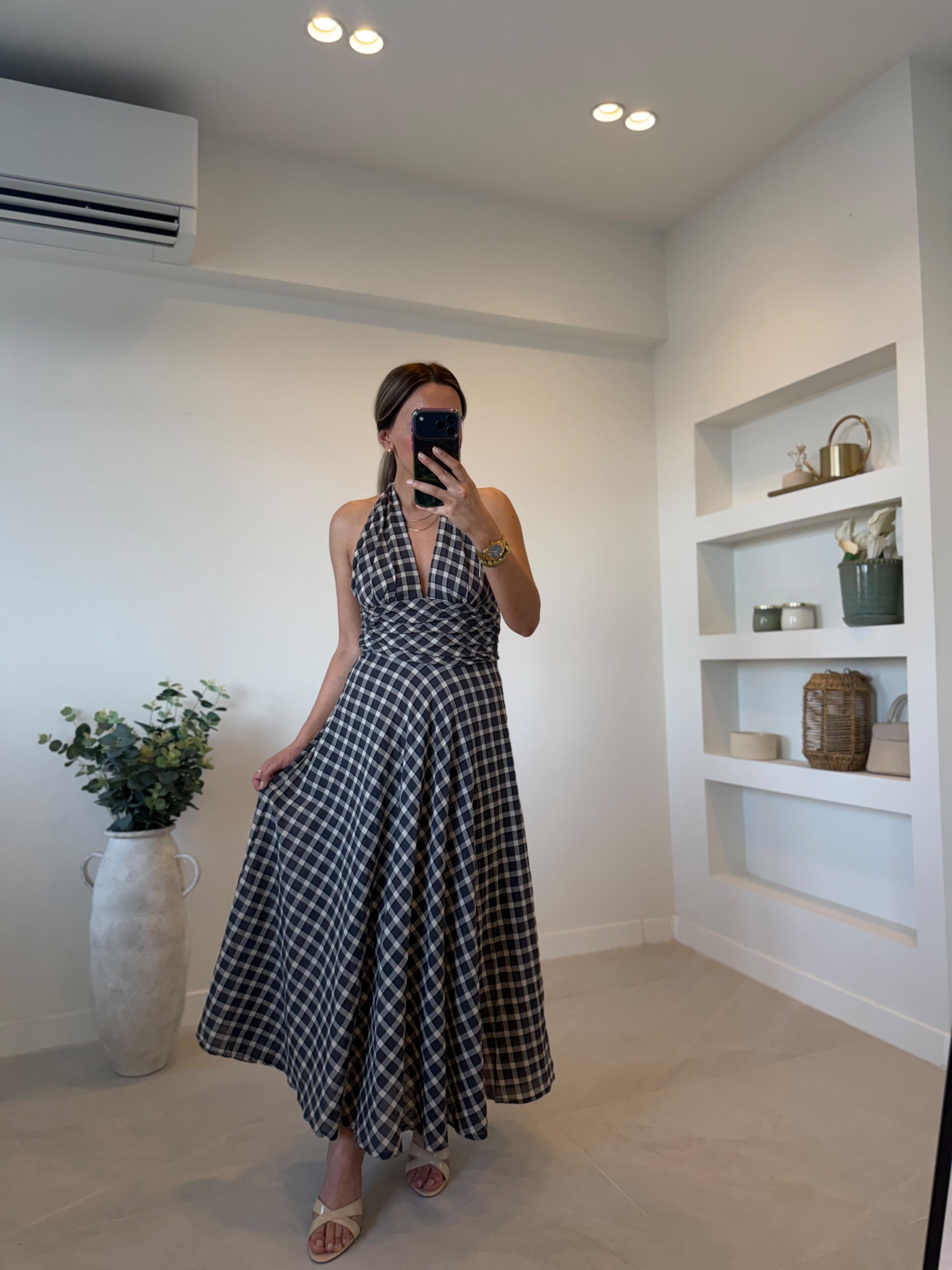 Low 8924 Siyah Kareli Sırtı Açık Elbise