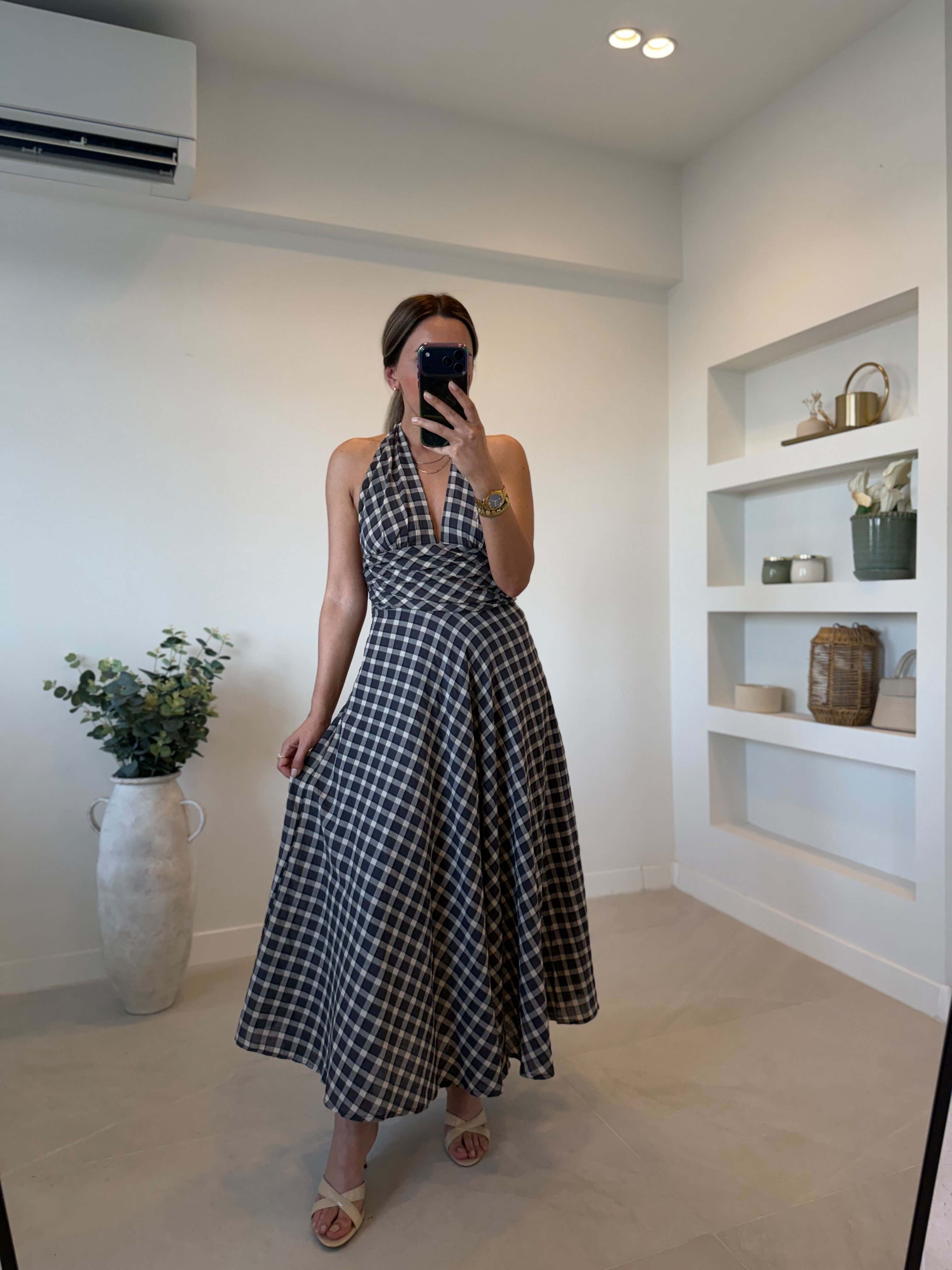 Low 8924 Siyah Kareli Sırtı Açık Elbise