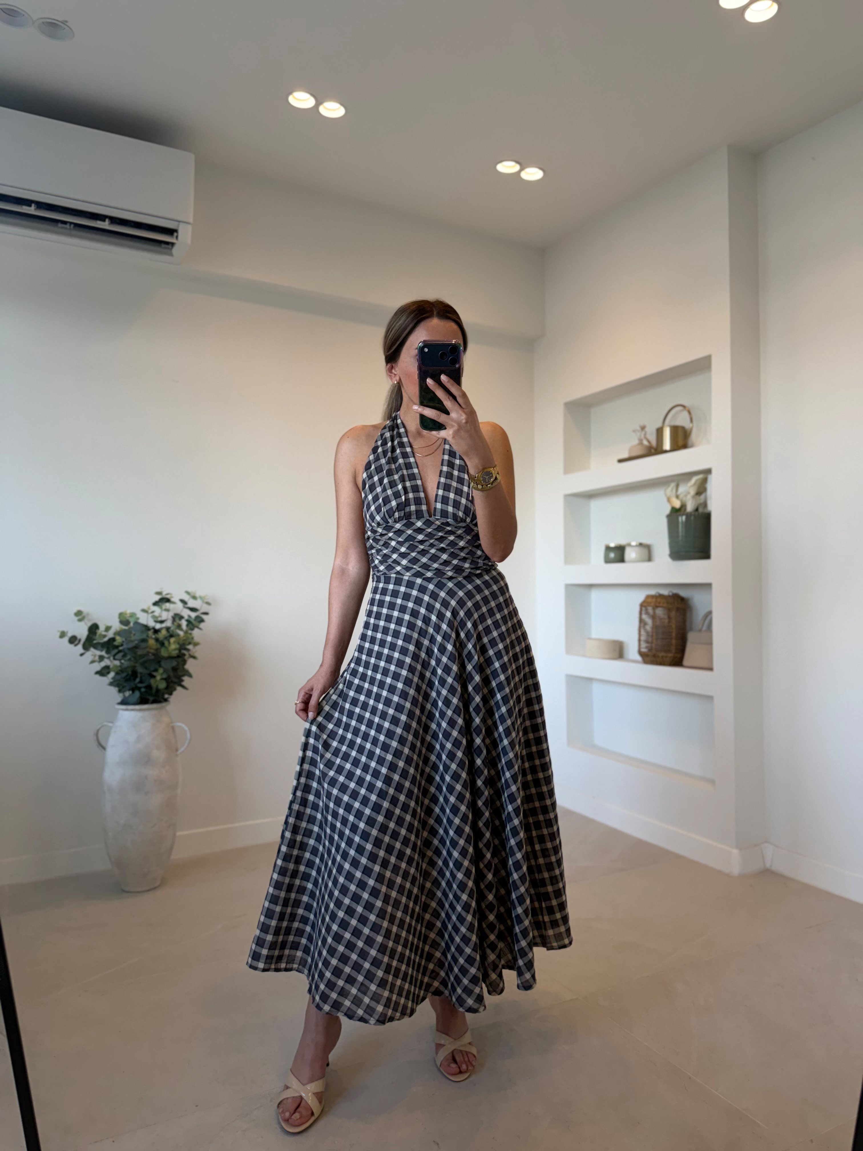 Low 8924 Siyah Kareli Sırtı Açık Elbise