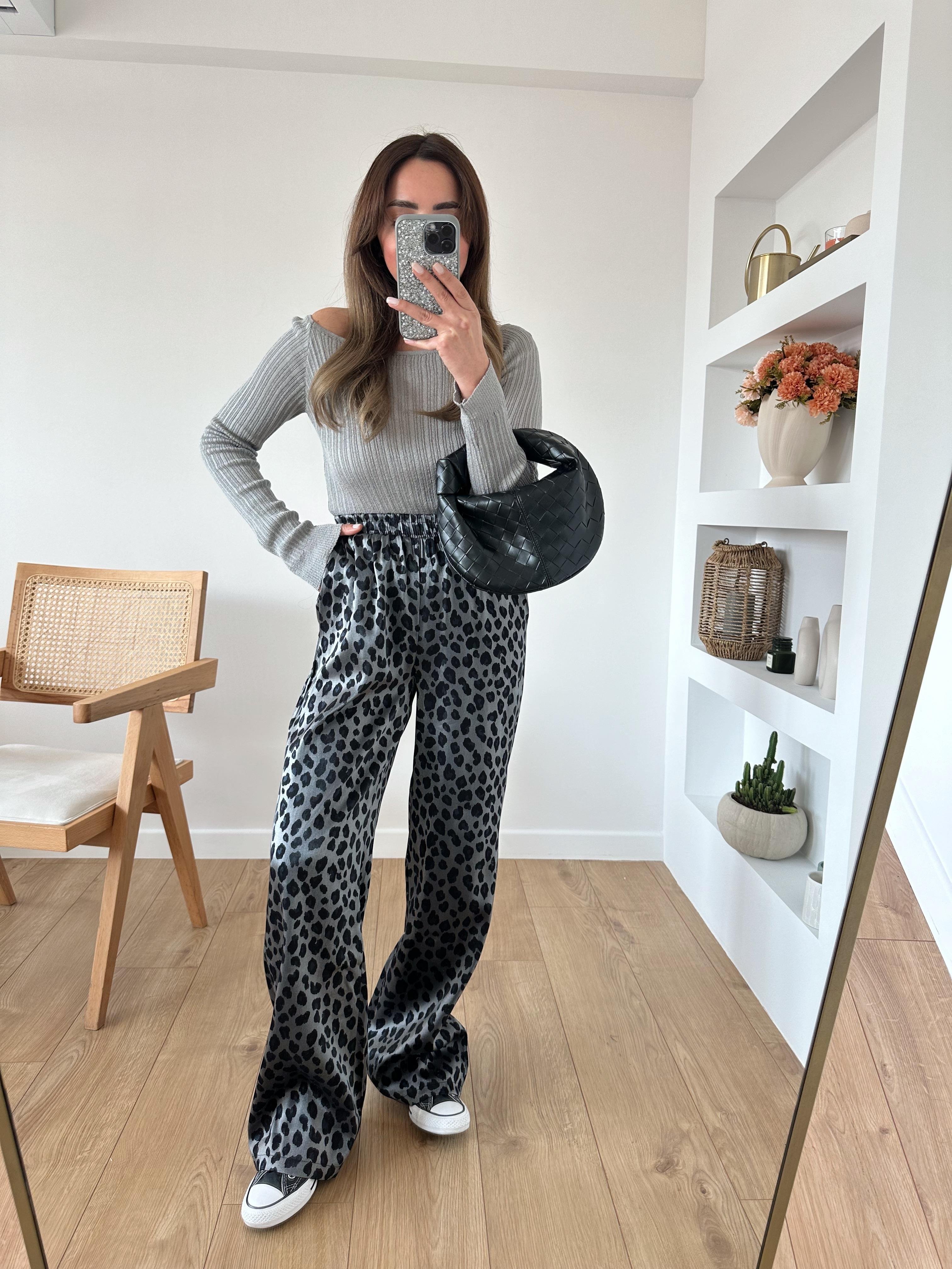 LOW BELİ LASTİKLİ SİYAH GRİ LEOPAR PANTOLON