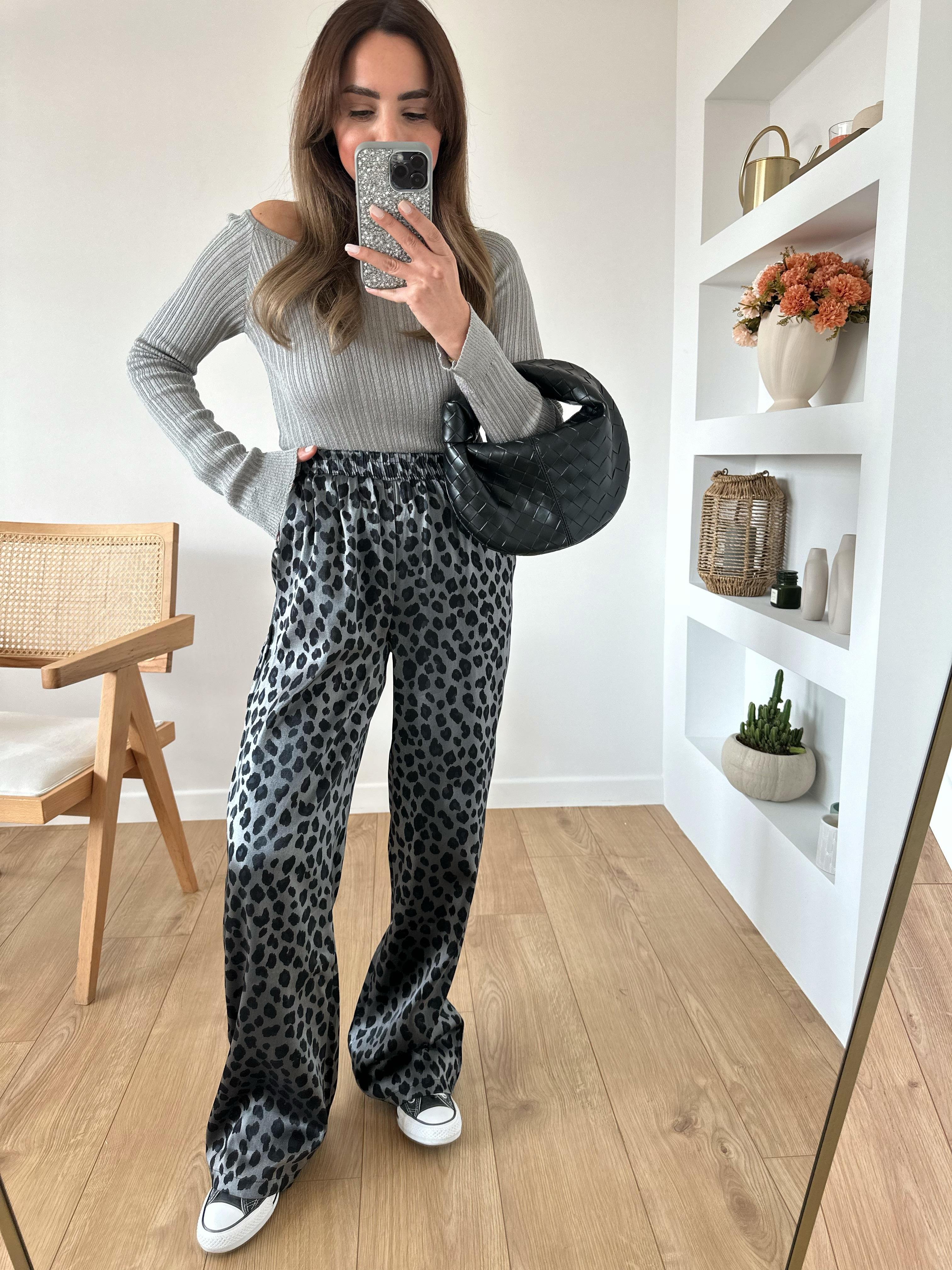 LOW BELİ LASTİKLİ SİYAH GRİ LEOPAR PANTOLON