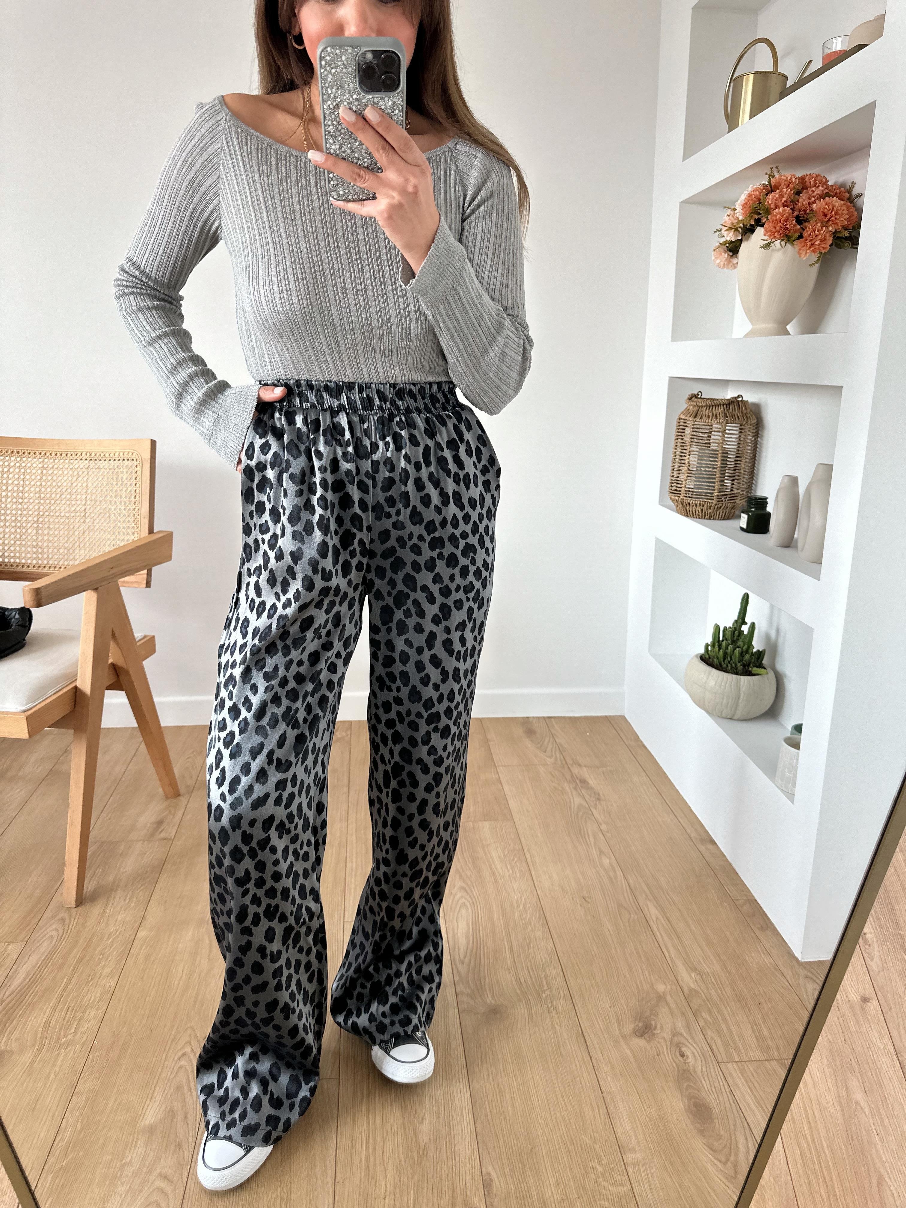 LOW BELİ LASTİKLİ SİYAH GRİ LEOPAR PANTOLON
