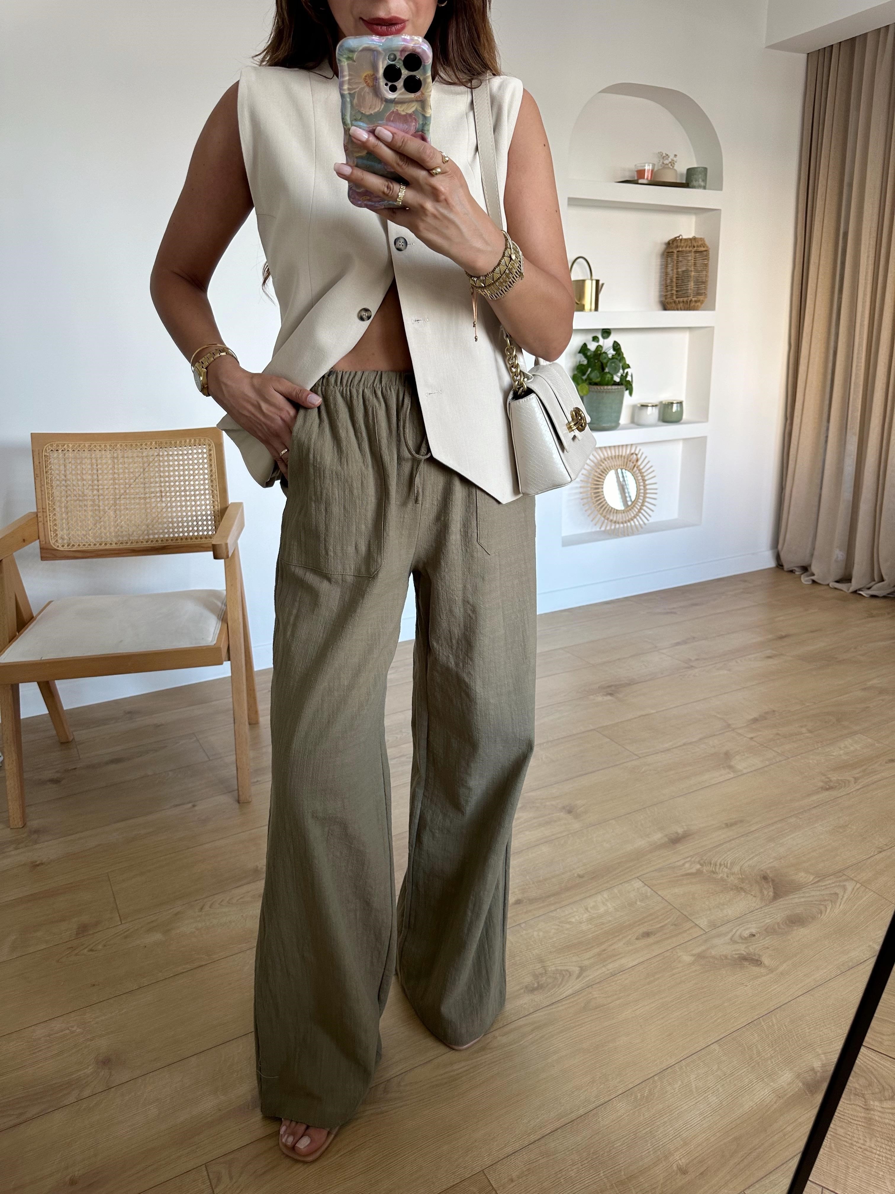LOW HAKİ BELİ BAĞLAMALI KETEN PANTOLON